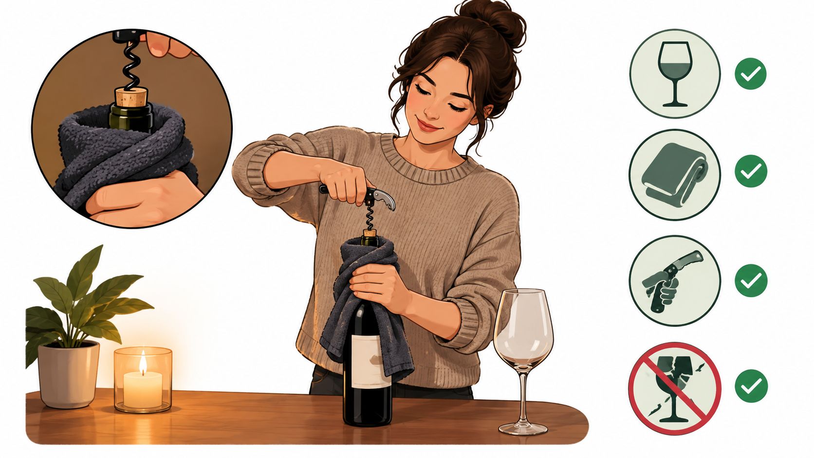 A woman using a towel to safely open a wine bottle with a corkscrew at a table.