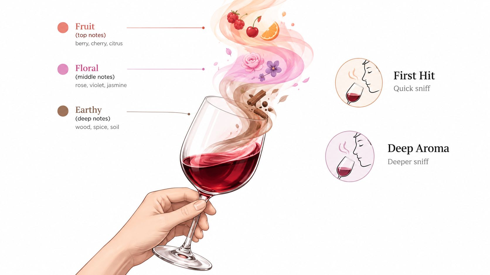 An infographic illustrating wine tasting techniques, showing different scent layers such as fruit, floral, and earthy notes.