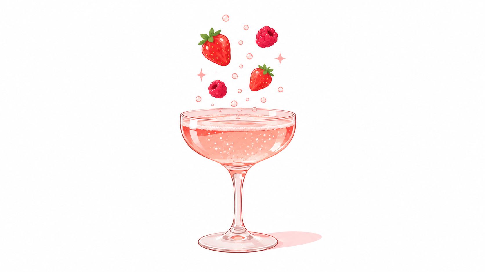 A delicate illustration of a pink sparkling cocktail in a coupe glass with fresh strawberries and raspberries.