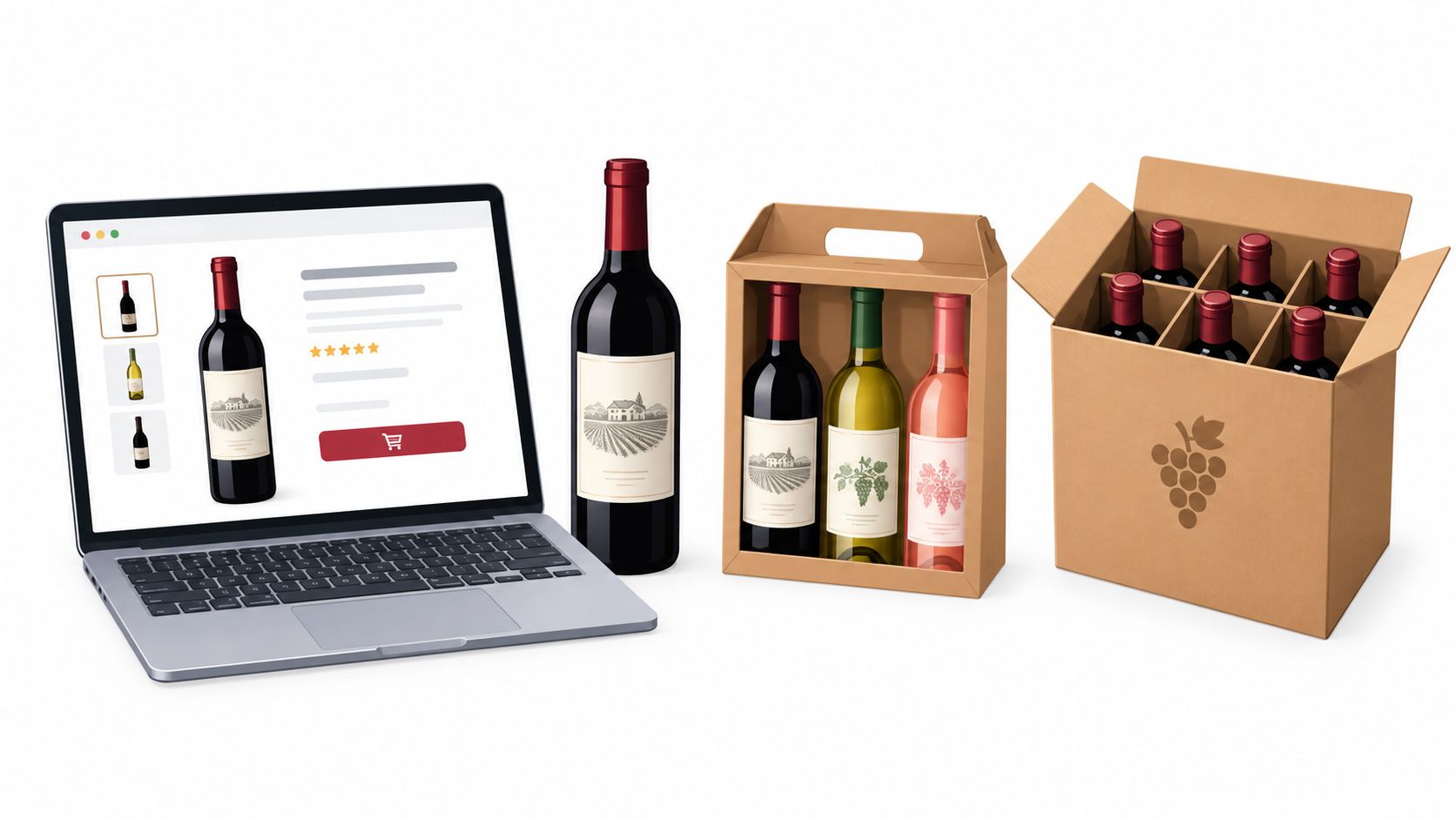 A laptop screen showing an online wine store, a bottle, and two boxes of assorted wines.