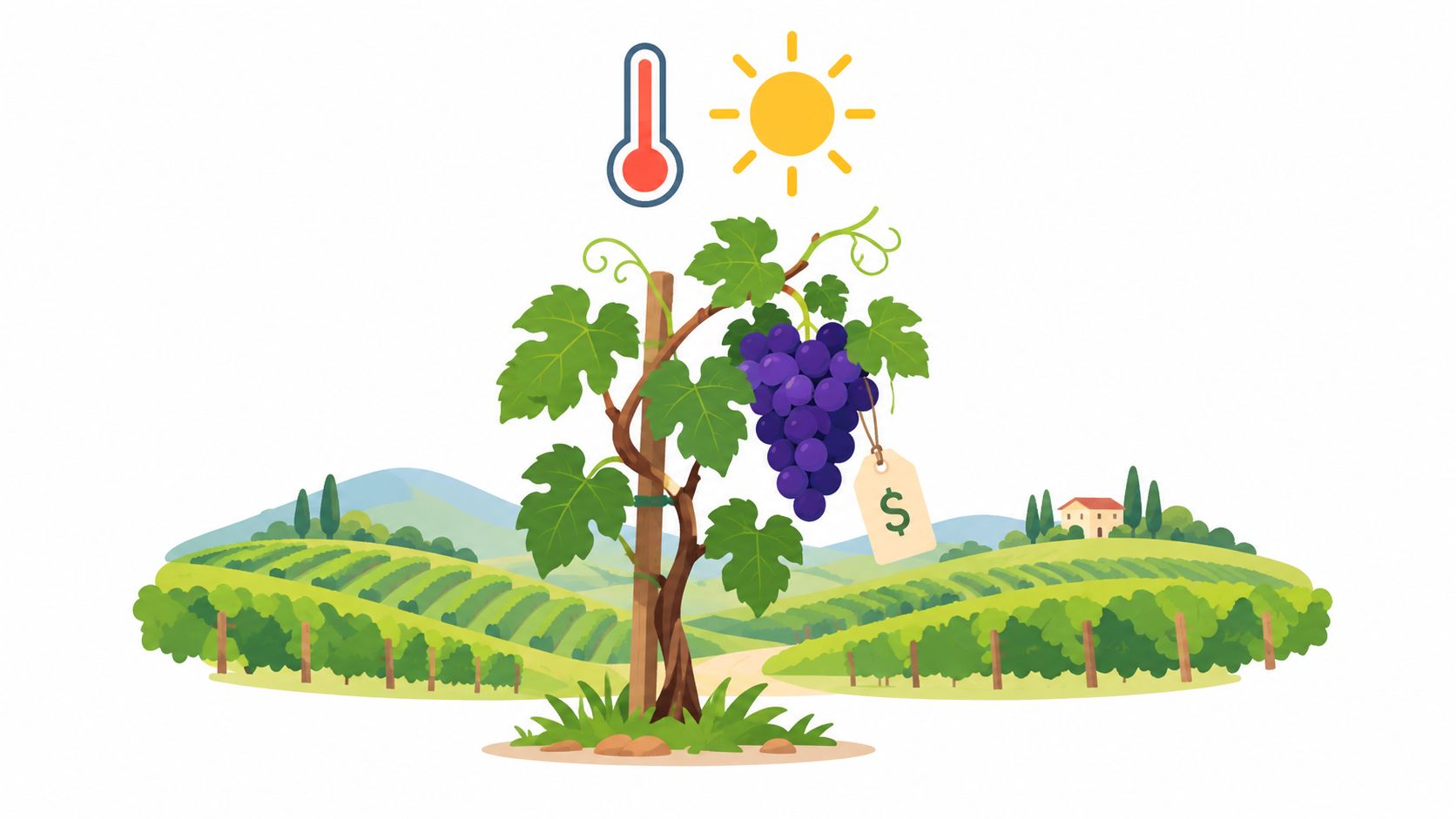 A grape vine with a price tag illustration in a vineyard representing pinot grigio wine pricing.