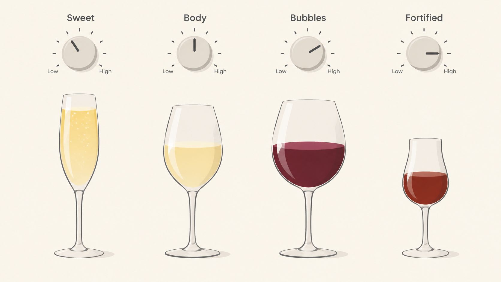 A diagram illustrating wine characteristics, including sweetness, body, bubbles, and fortification for different types of wine glasses.