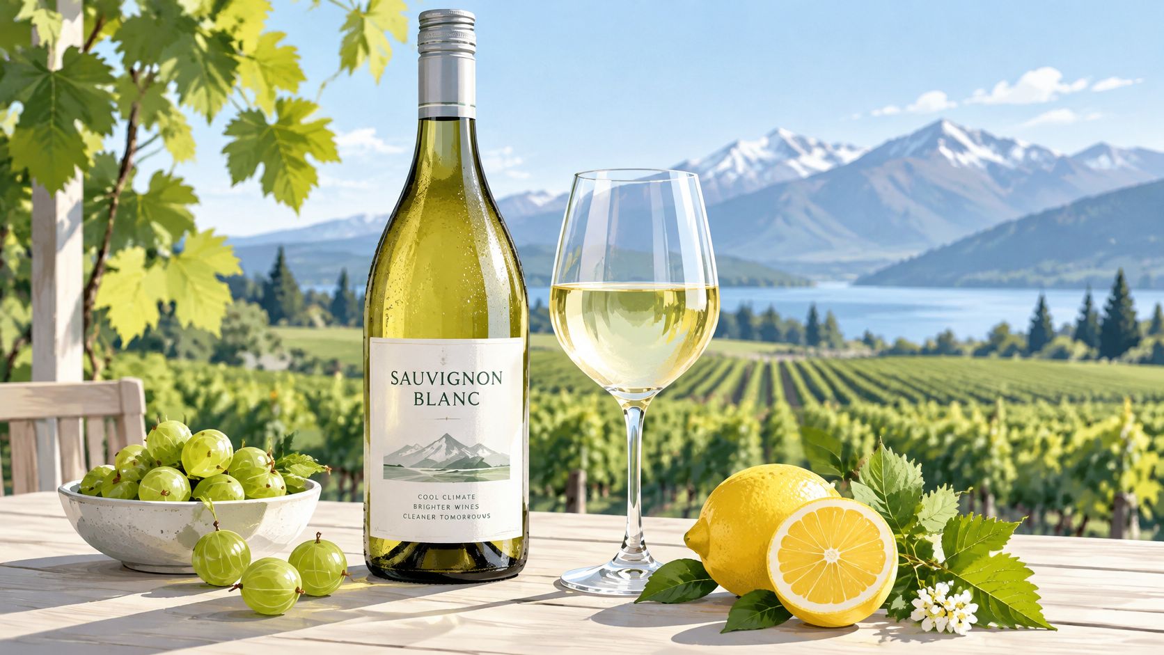 A chilled bottle of Sauvignon Blanc wine and a glass on a table overlooking a vineyard.