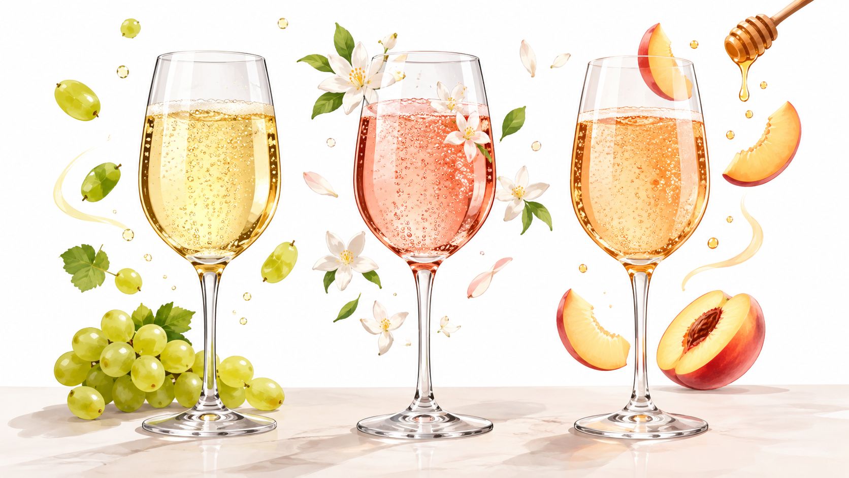 Three glasses of sparkling wine featuring grapes, floral notes, and peach slices with a honey dipper.