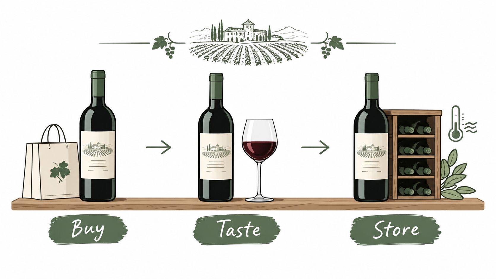 A simple infographic showing the process of buying, tasting, and storing red wine bottles.