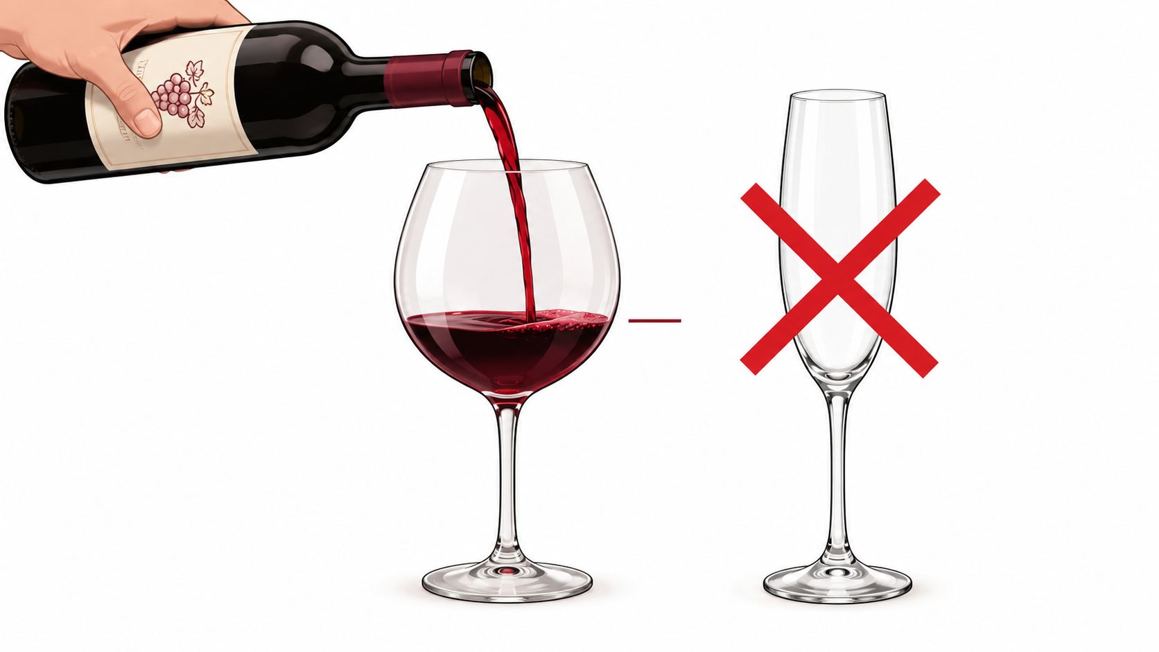 A hand pouring red wine into a large bowl glass, with a champagne flute marked with a cross.