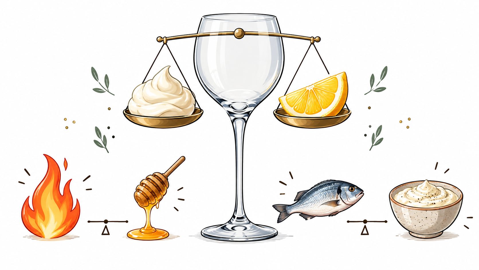 Conceptual illustration showing a wine glass balanced against creamy food and lemon, with additional culinary ingredients below.