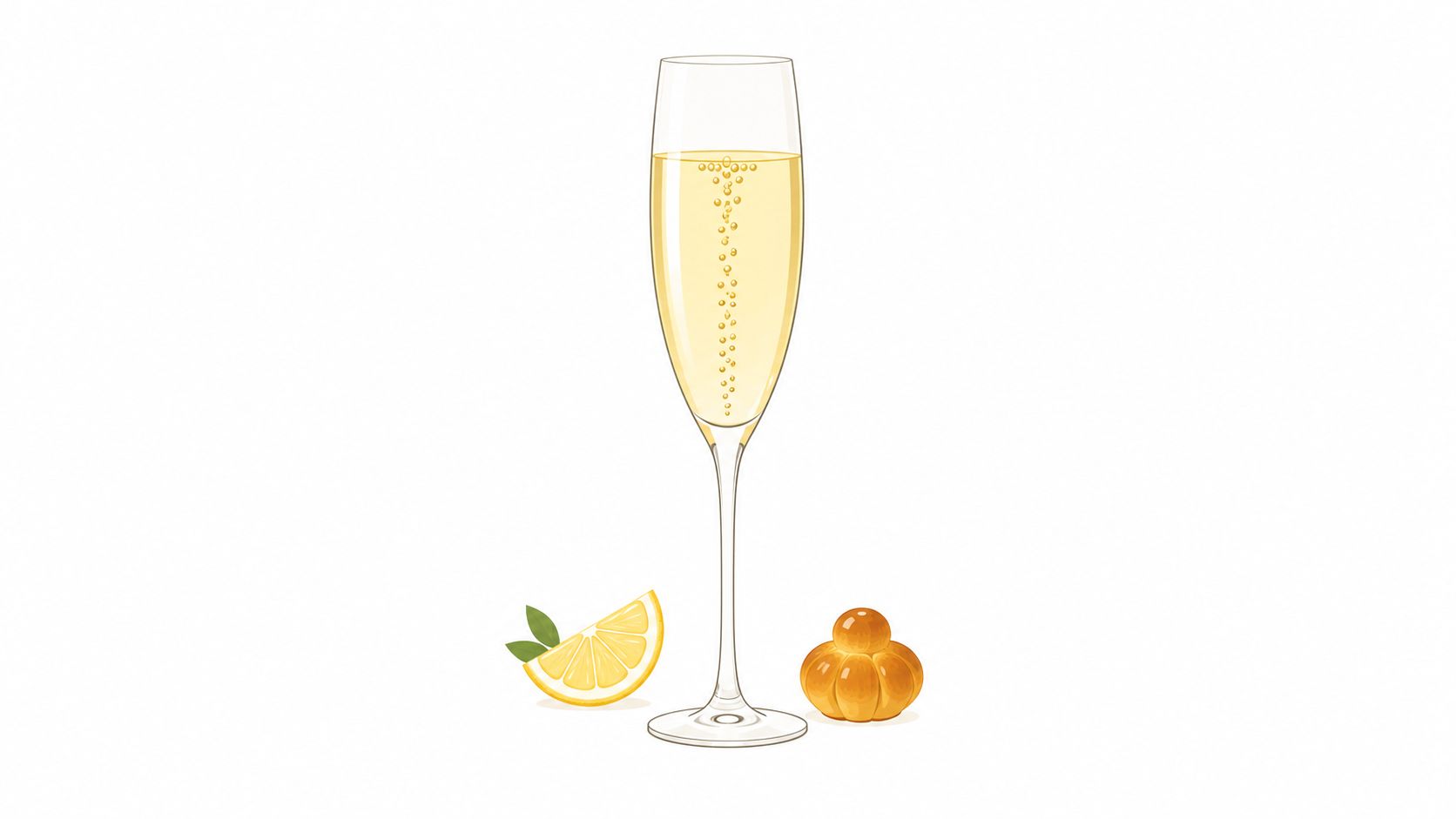 A glass of sparkling wine accompanied by a fresh lemon slice and a small brioche roll.