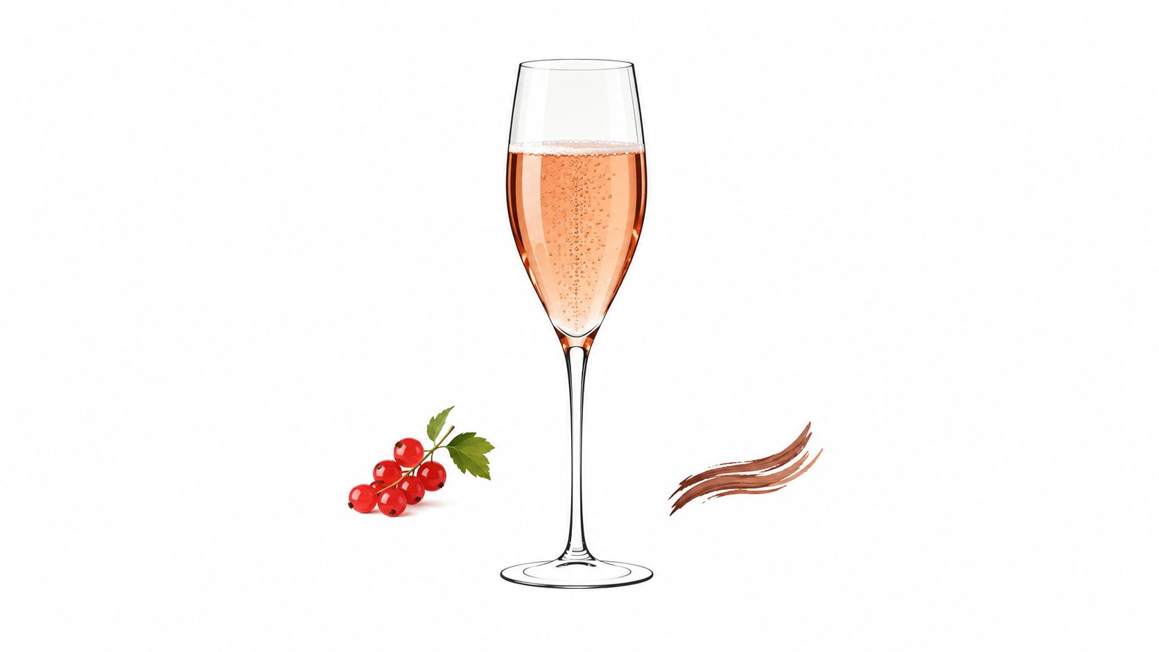 A glass of sparkling rose wine next to a cluster of red currants and brown brush strokes