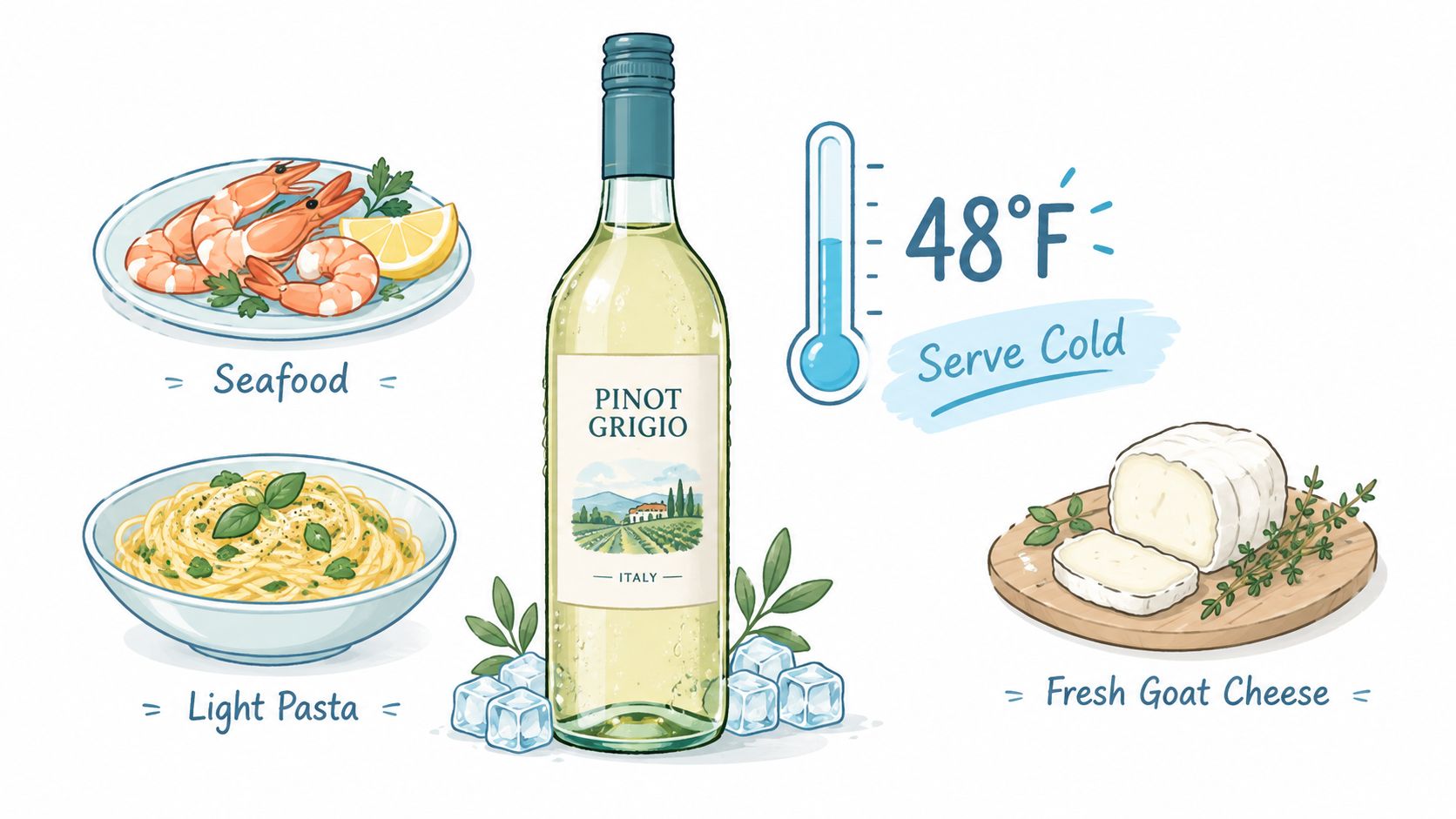 An illustration showing Pinot Grigio wine paired with seafood, light pasta, and fresh goat cheese.