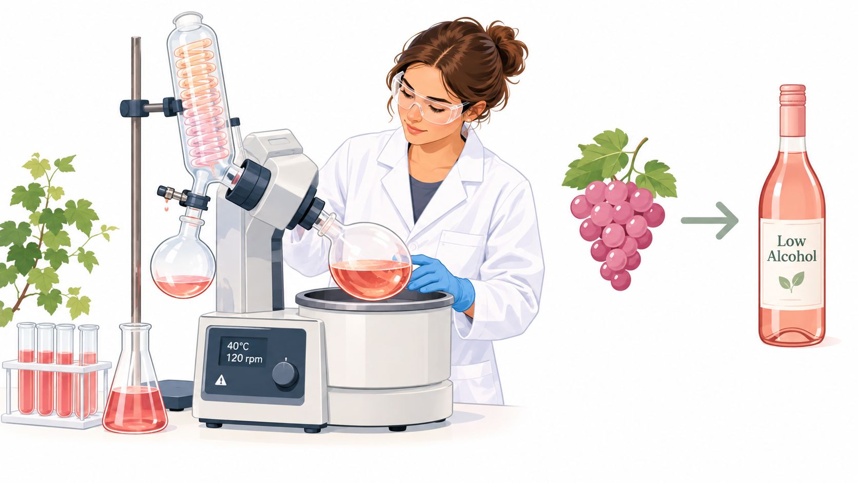 A scientist in a lab uses a rotary evaporator to create low alcohol rose wine from grapes.