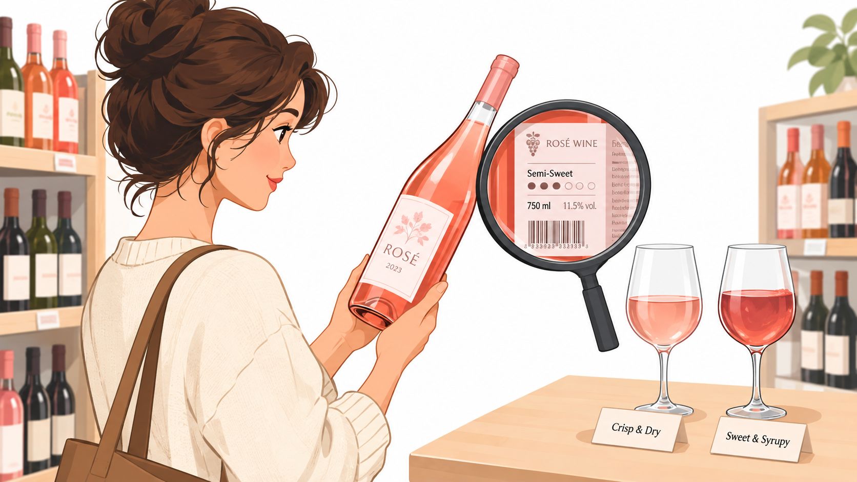 A woman examines a bottle of sweet rose wine using a magnifying glass in a store.