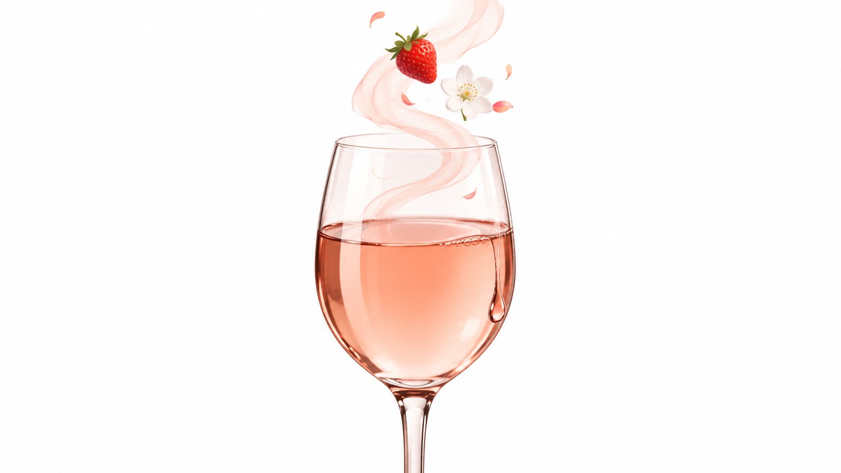 A glass of refreshing rose wine featuring a floating strawberry and a delicate flower petal design.