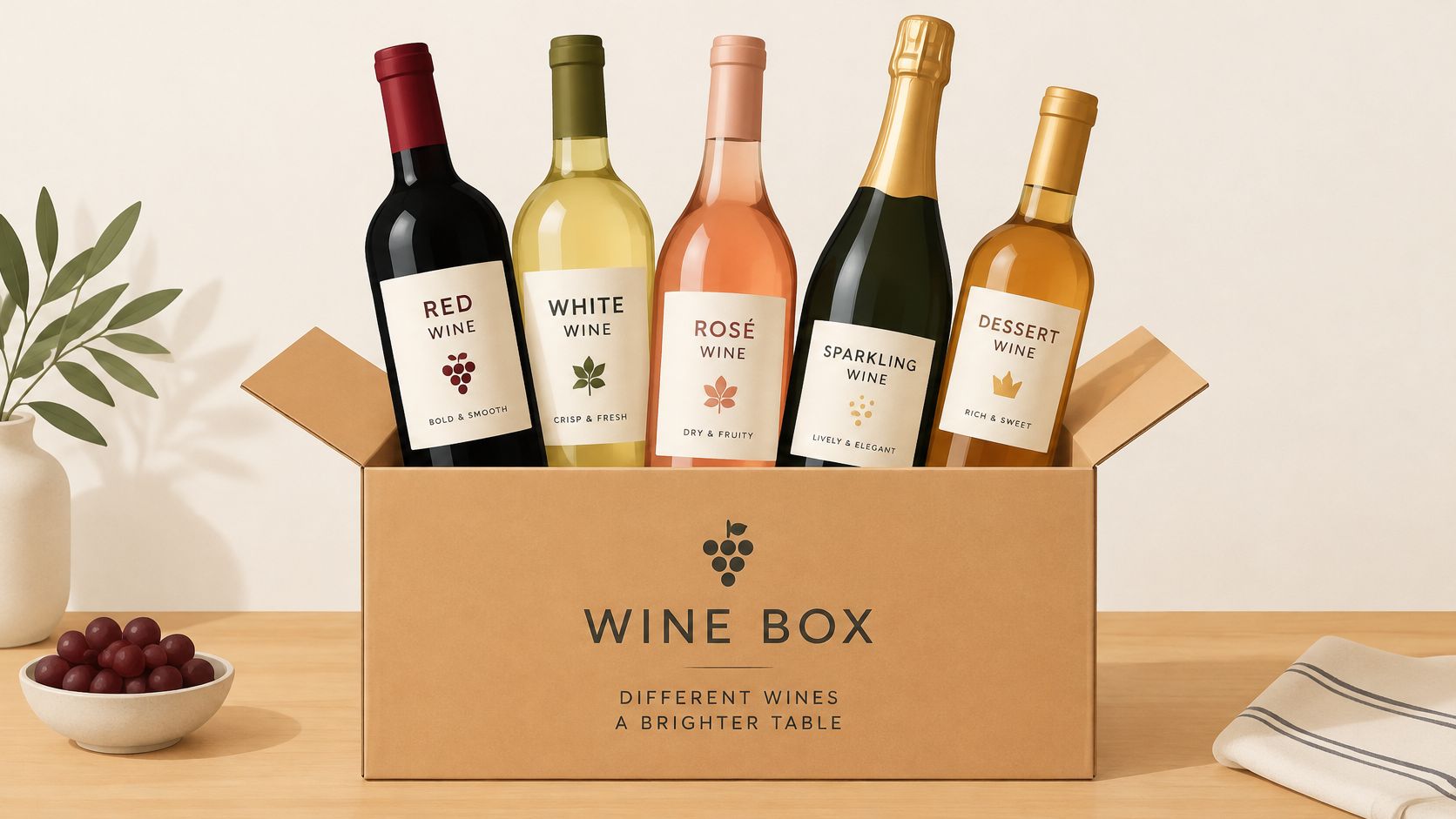 A cardboard wine box containing five assorted wine bottles on a table with a bowl of grapes.