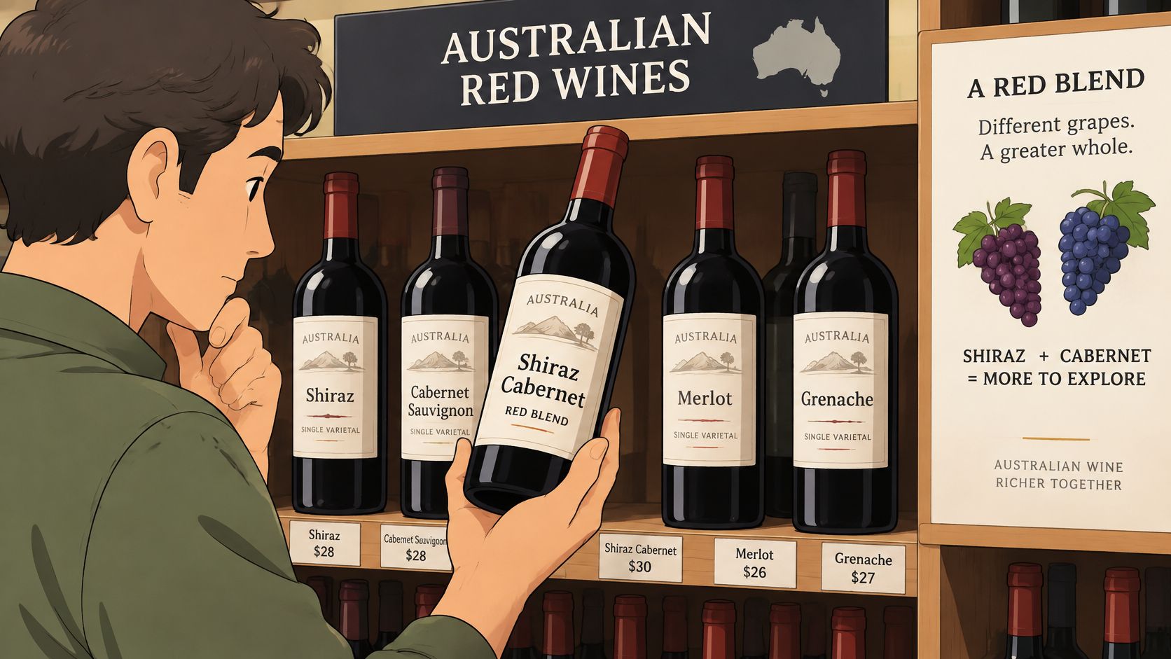 A young man carefully selects a bottle of Australian Shiraz Cabernet red blend wine from a store shelf.