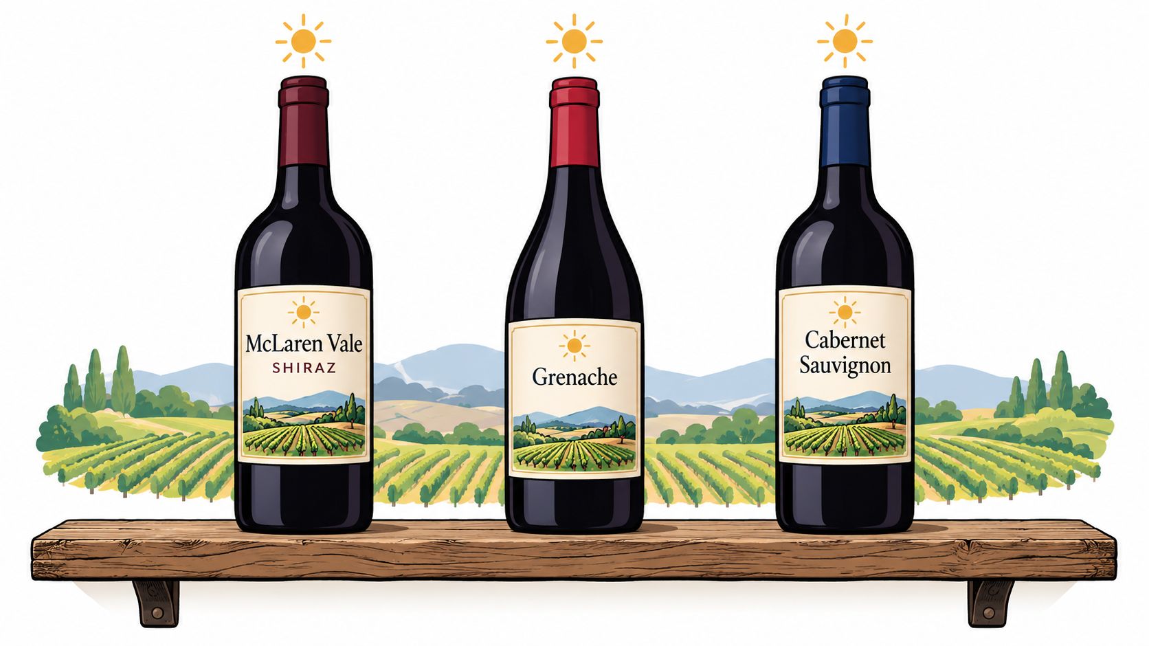 Three wine bottles featuring McLaren Vale Shiraz, Grenache, and Cabernet Sauvignon on a wooden shelf, outdoors.