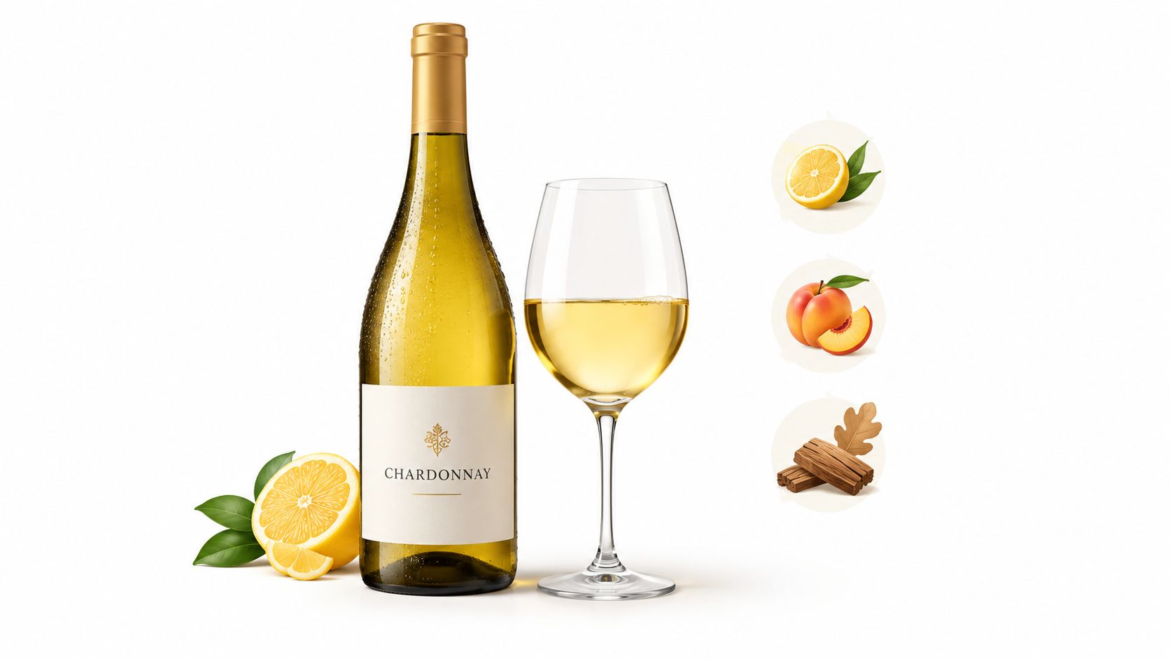 A bottle of Chardonnay white wine alongside a full glass, with lemon, peach, and oak wood accents.
