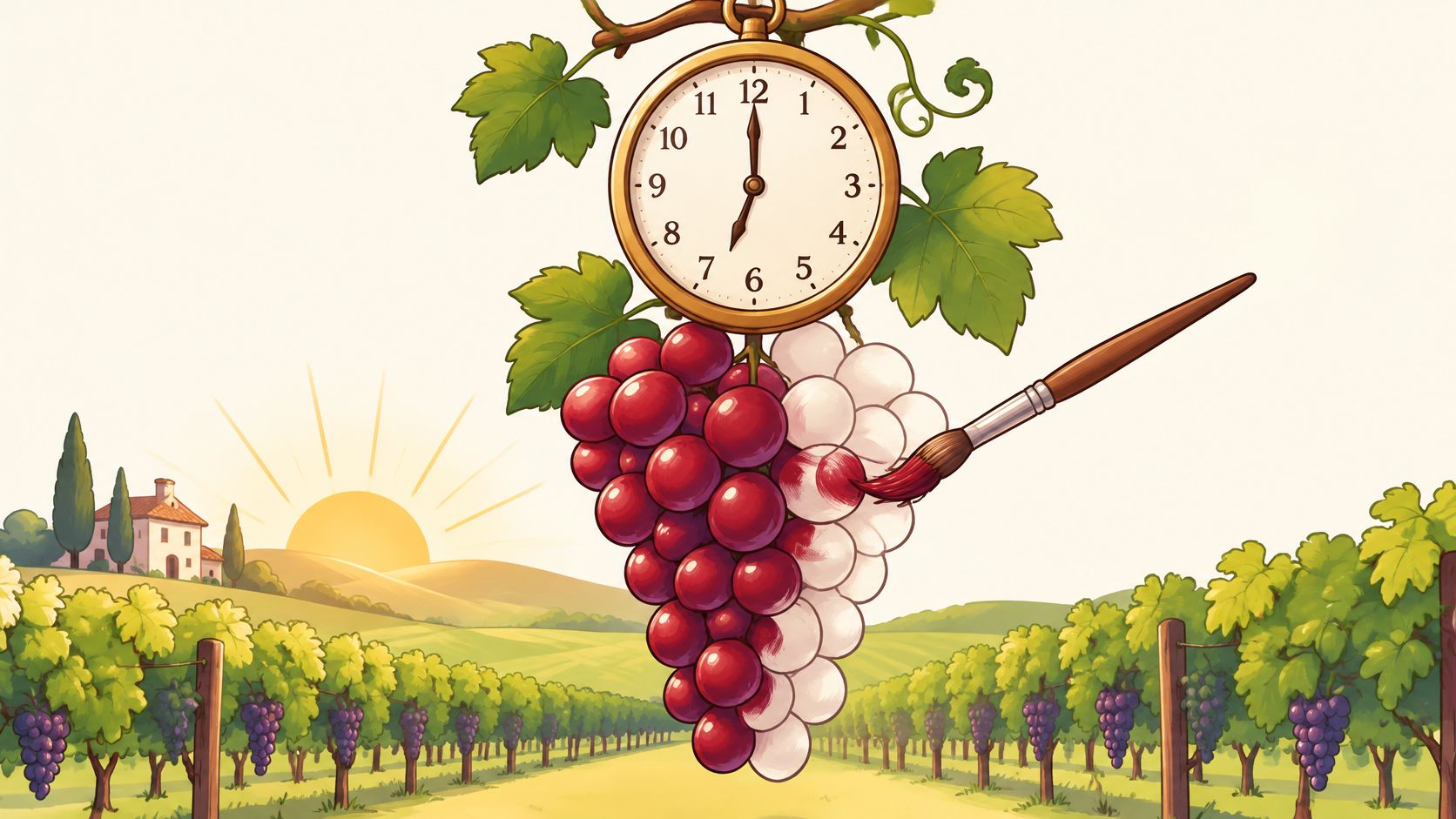 A paintbrush paints white grapes red underneath a pocket watch hanging on a grapevine in a vineyard.