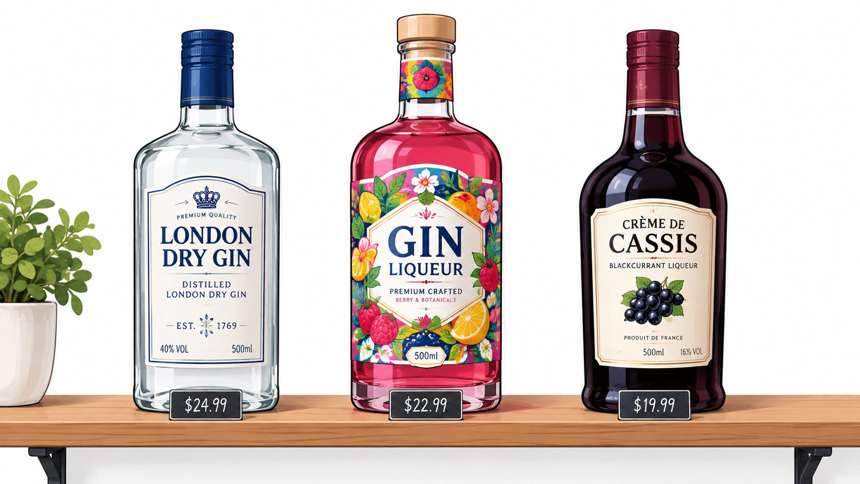 Three bottles of alcoholic beverages including gin and liqueur arranged on a wooden shelf for display.