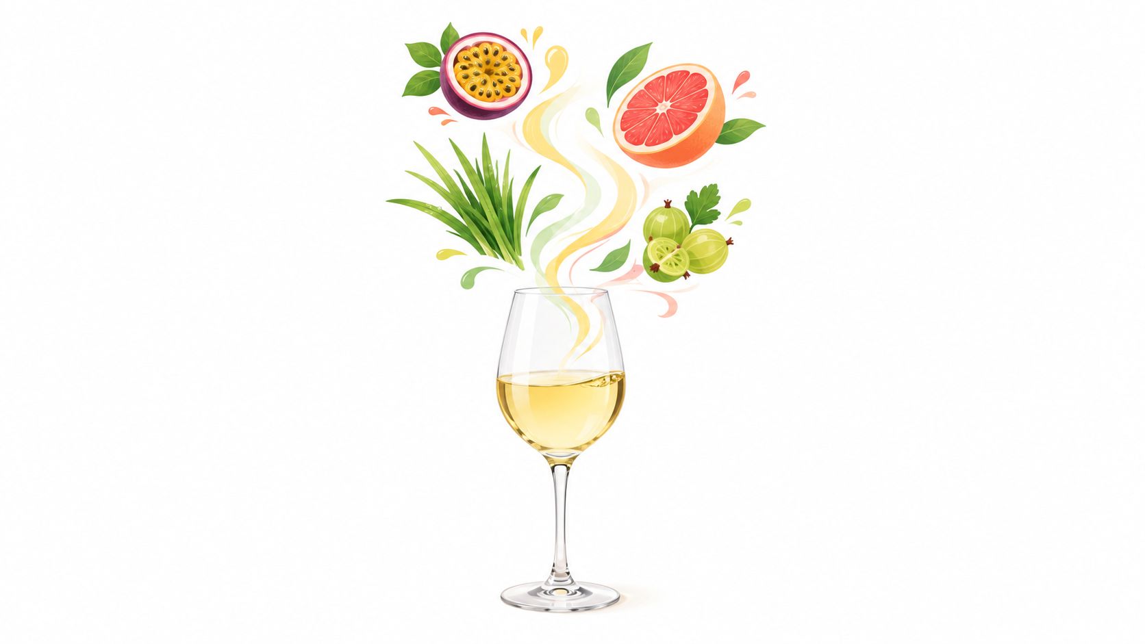 A glass of Sauvignon Blanc wine surrounded by illustrative elements of passion fruit, grapefruit, lemongrass, and gooseberries.