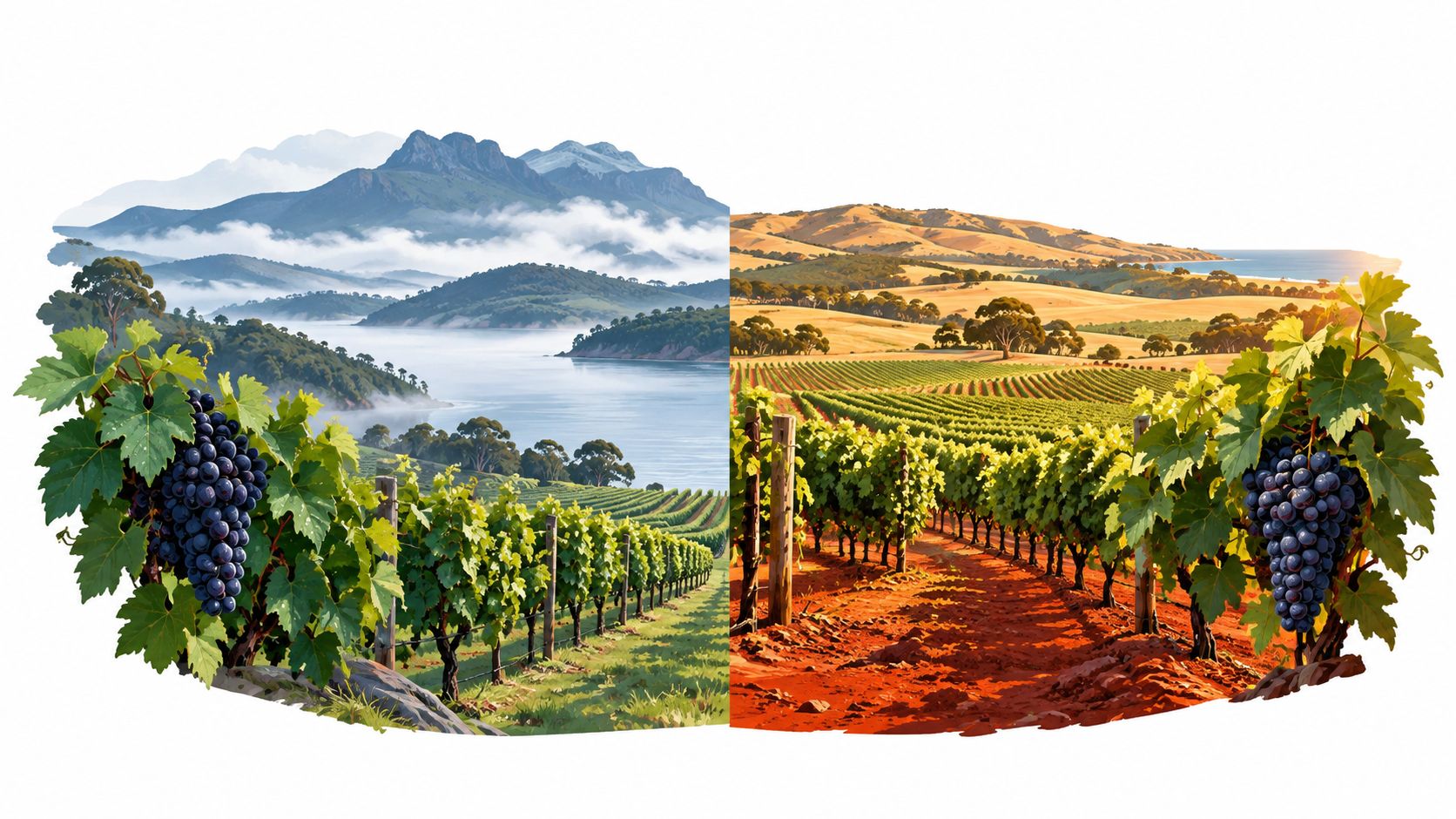 A split image contrasting two vineyards, representing the distinct climates suitable for pinot noir and cabernet sauvignon grapes.