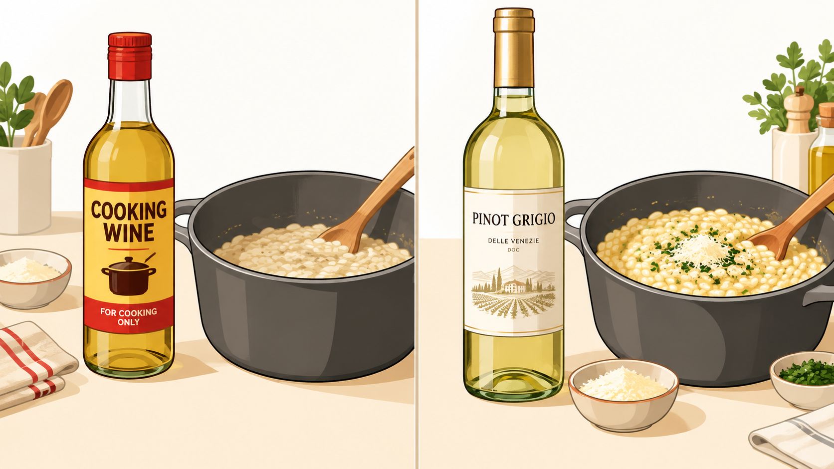 A split image comparing risotto made with generic cooking wine versus high-quality Pinot Grigio wine.