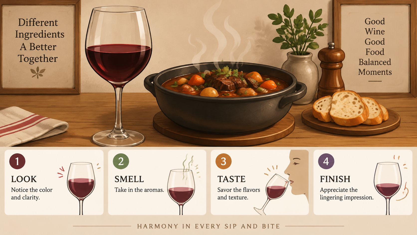 A diagram illustrating the four steps to wine tasting, look, smell, taste, and finish, beside a meal of red wine and stew.