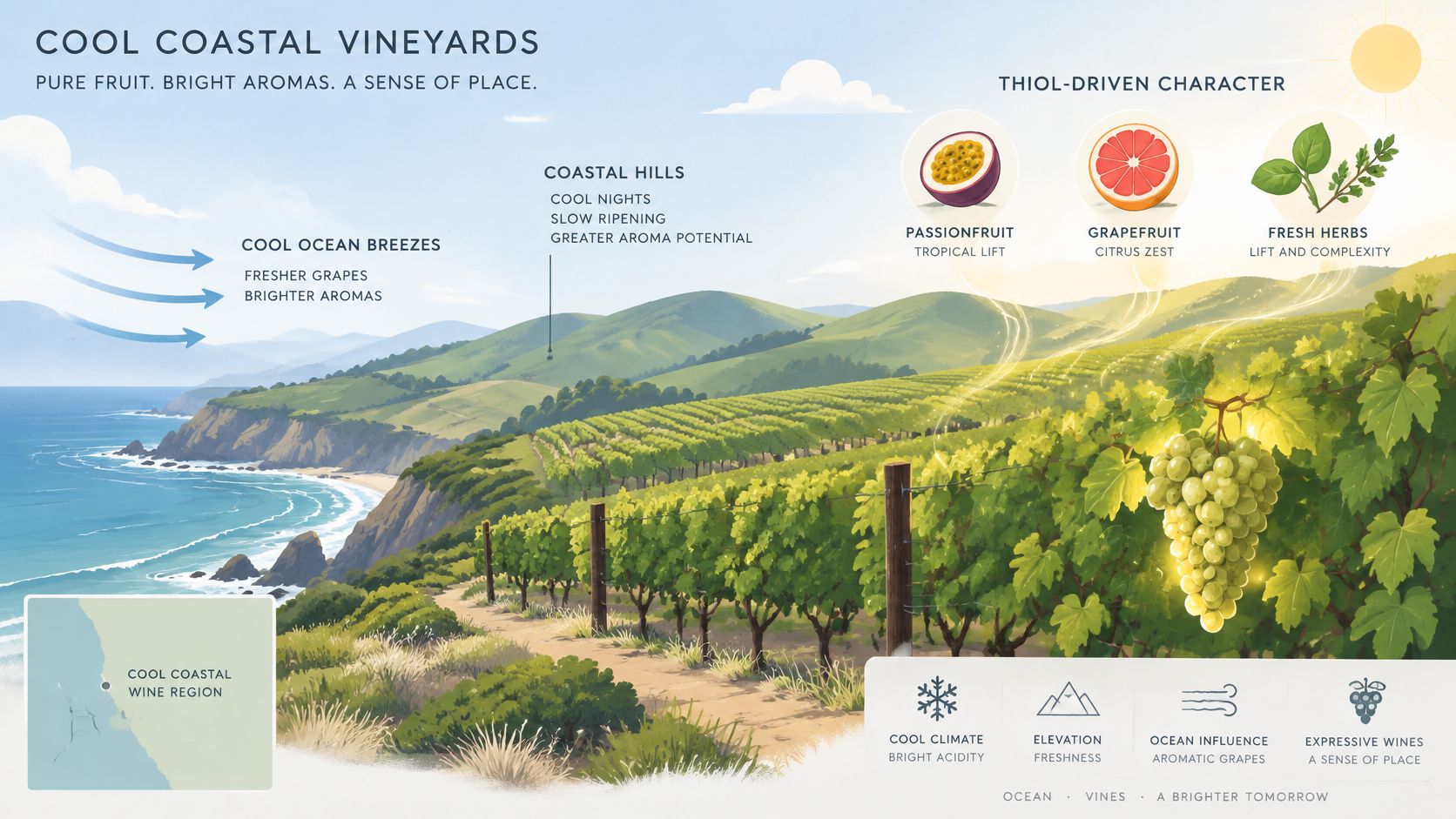 An infographic illustrating how cool coastal vineyard conditions influence the flavor profile of Sauvignon Blanc wine grapes.