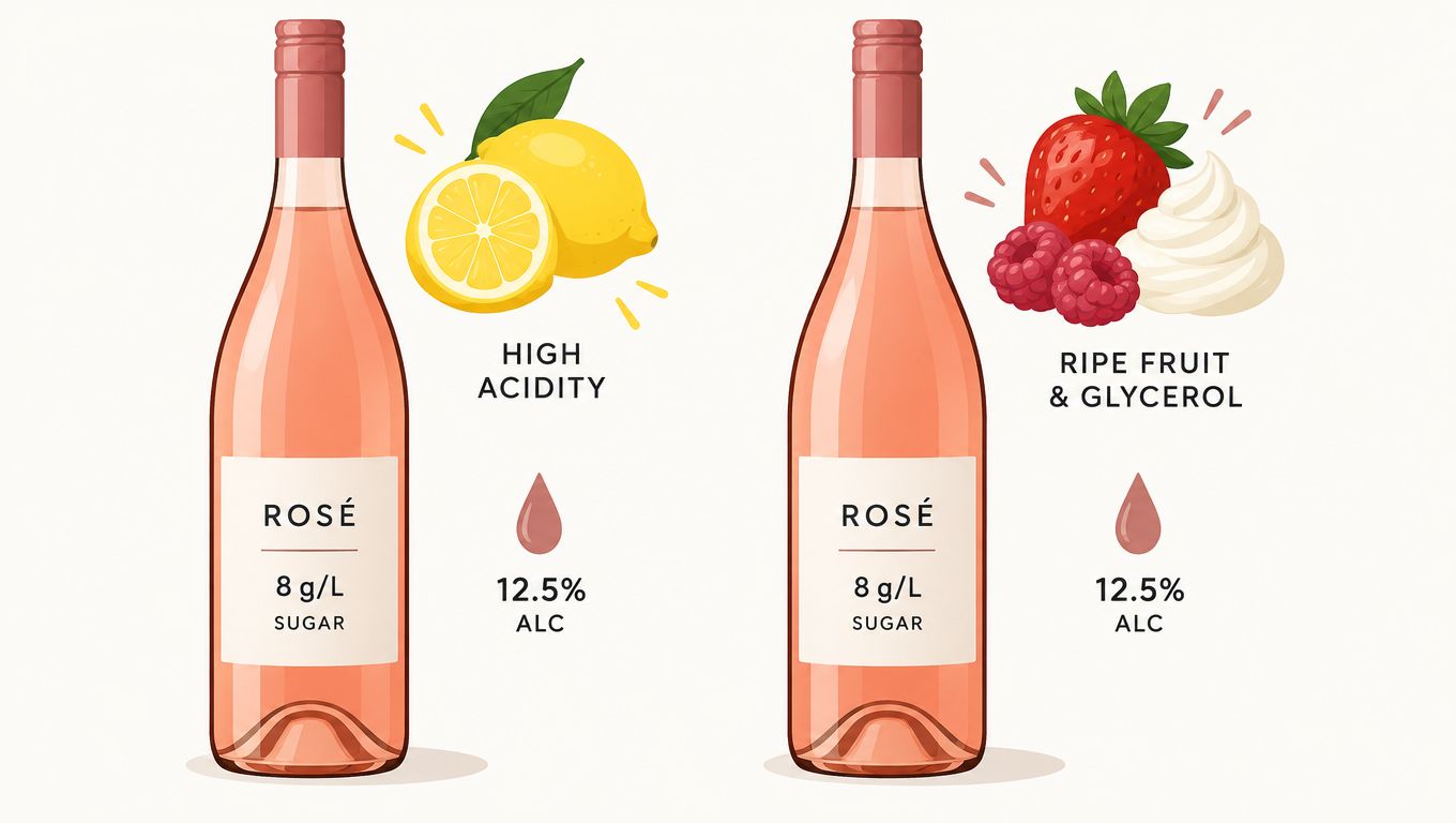 Two bottles of Rosé wine illustrating different flavor profiles including lemon acidity and ripe fruit with glycerol.