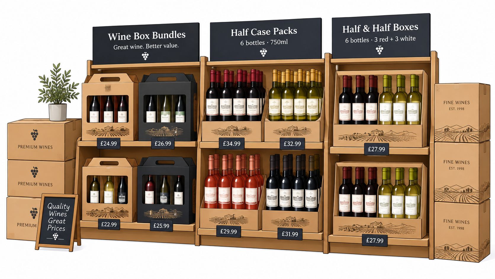 A retail display shelf featuring various wine box bundles, half case packs, and half and half boxes.