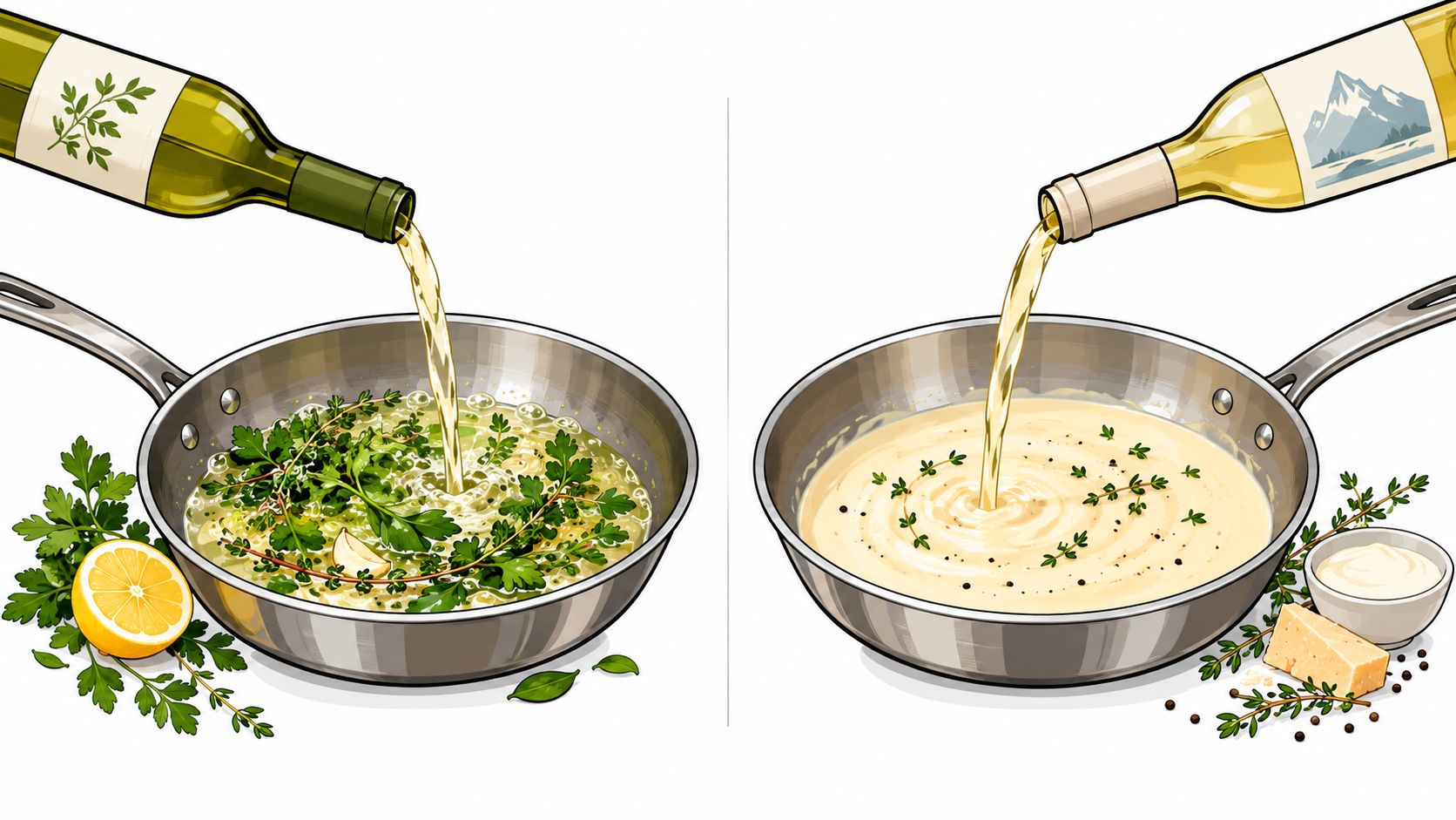 A split image showing white wine being poured into two different pans, one with herbs and one creamy.