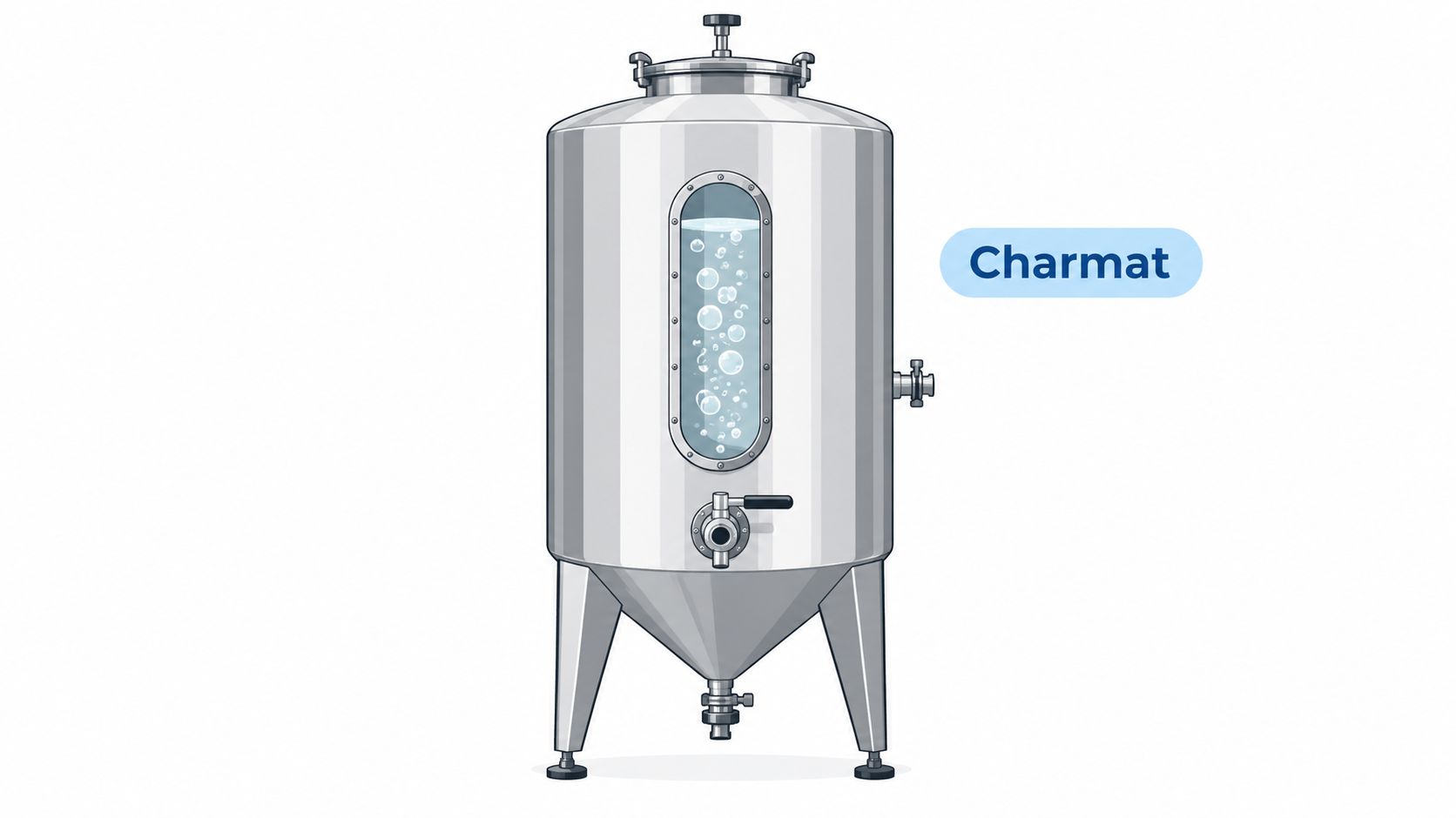 A stainless steel Charmat tank used for the carbonation process in industrial sparkling wine production.