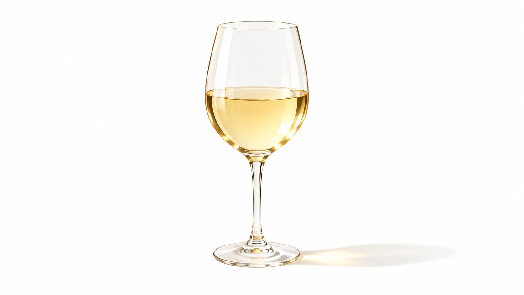 A elegant crystal wine glass filled with golden white wine isolated on a plain white background