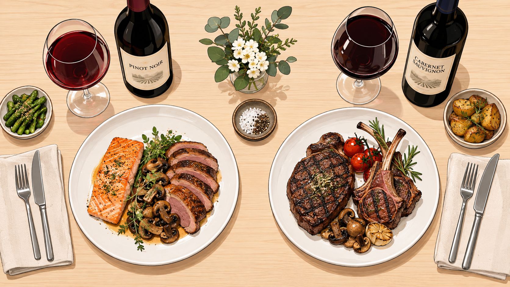 A top-down view of a sophisticated dinner table featuring salmon, duck, steak, and lamb pairings with wines.