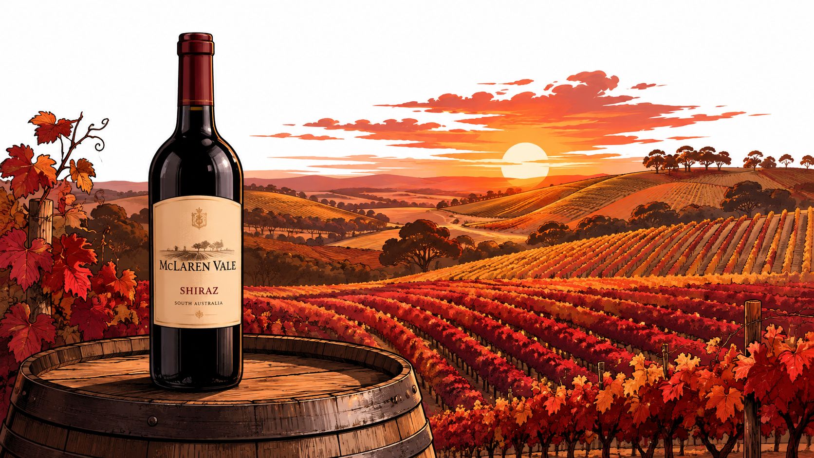 A bottle of McLaren Vale Shiraz red wine placed on a rustic wooden barrel overlooking a vineyard.
