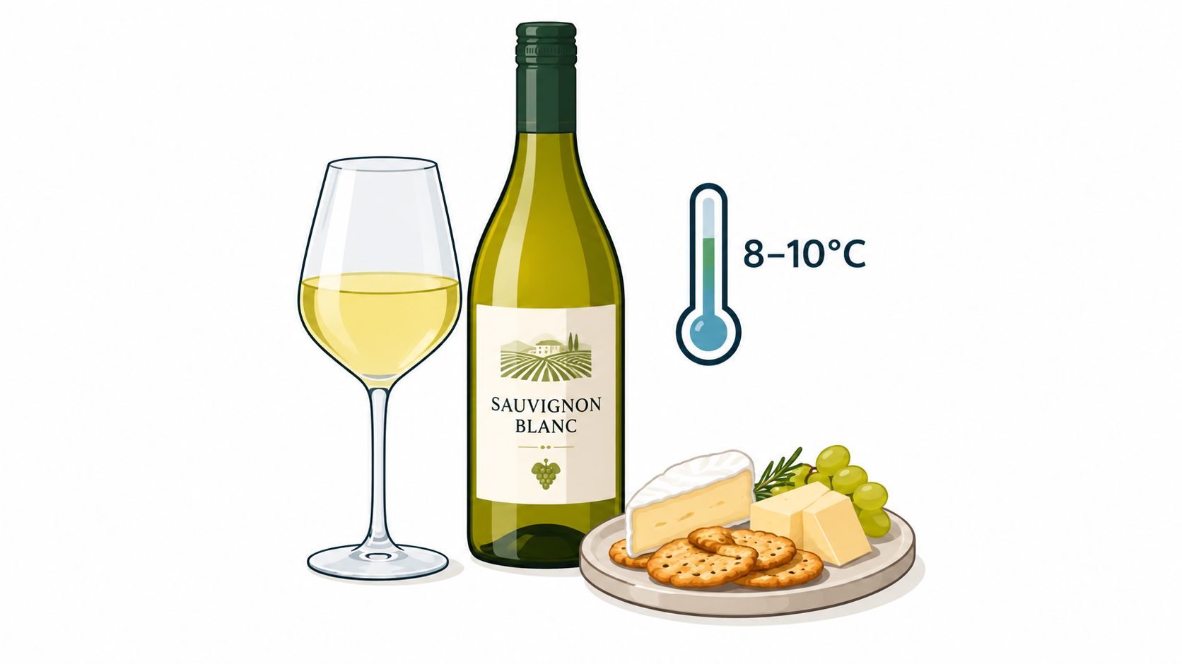 A bottle of Sauvignon Blanc wine next to a glass and a plate of cheese and crackers.