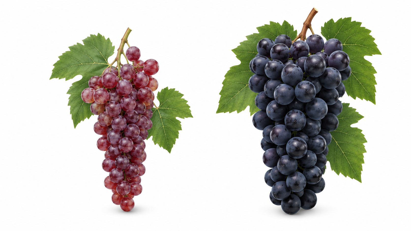 Two distinct clusters of red and dark purple grapes, each featuring fresh green leaves against white background.