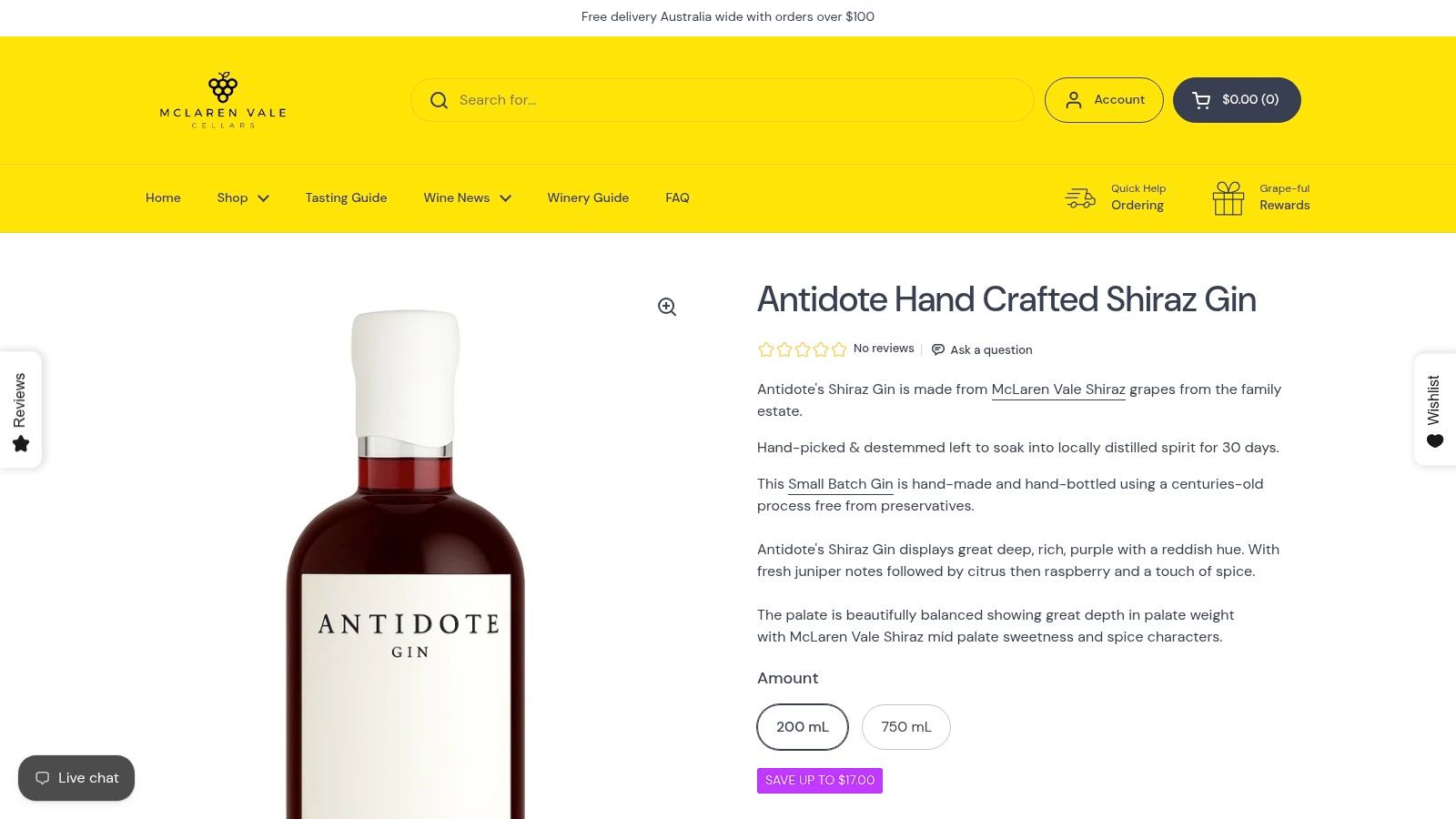 Antidote Hand Crafted Shiraz Gin from McLaren Vale Cellars