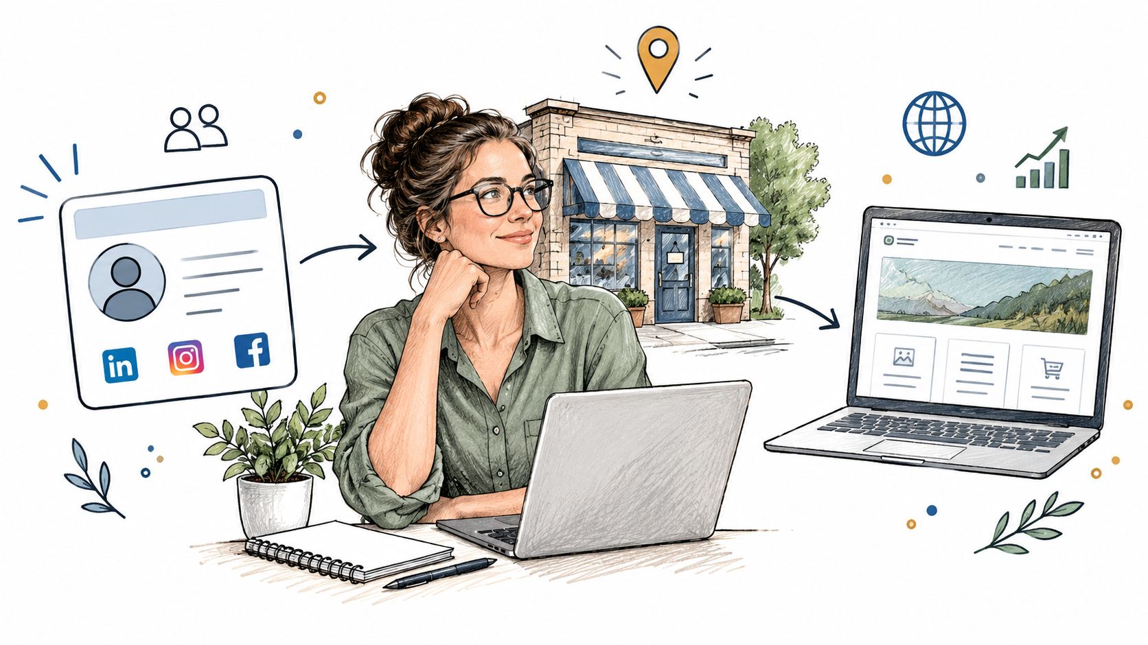 A businesswoman planning local SEO lead generation strategies for a small business on her laptop.