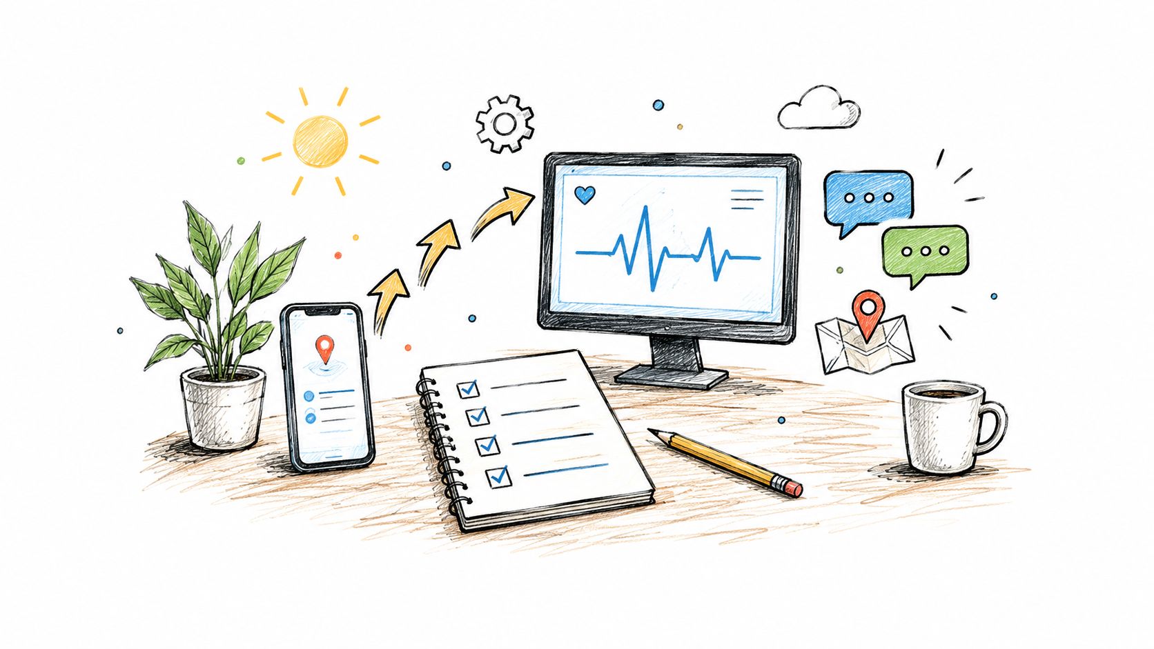 A hand-drawn illustration showing a desk with a smartphone, computer monitor, checklist, and coffee cup.