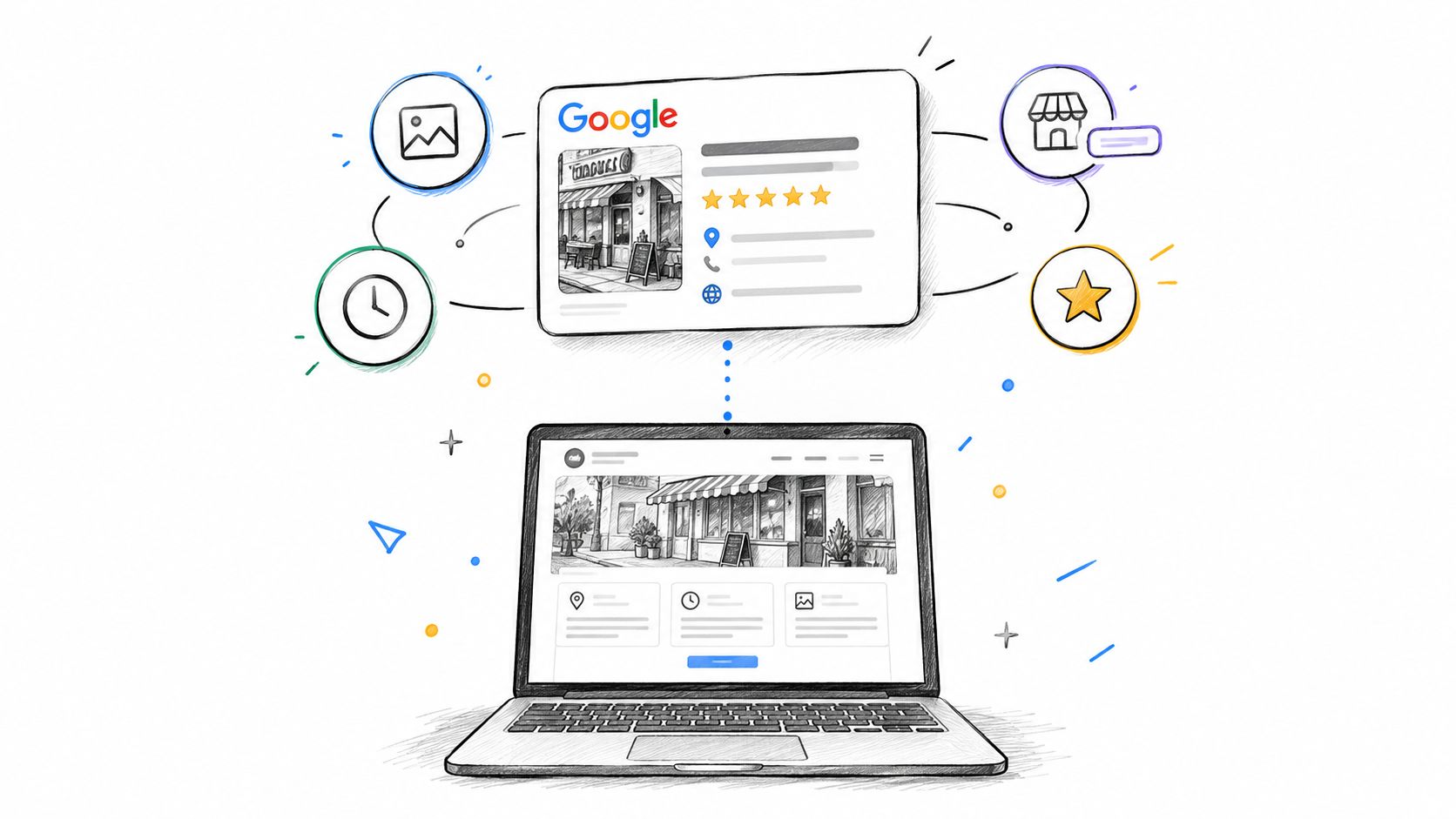 A hand-drawn illustration showing a laptop connected to a Google business profile interface with various icons.