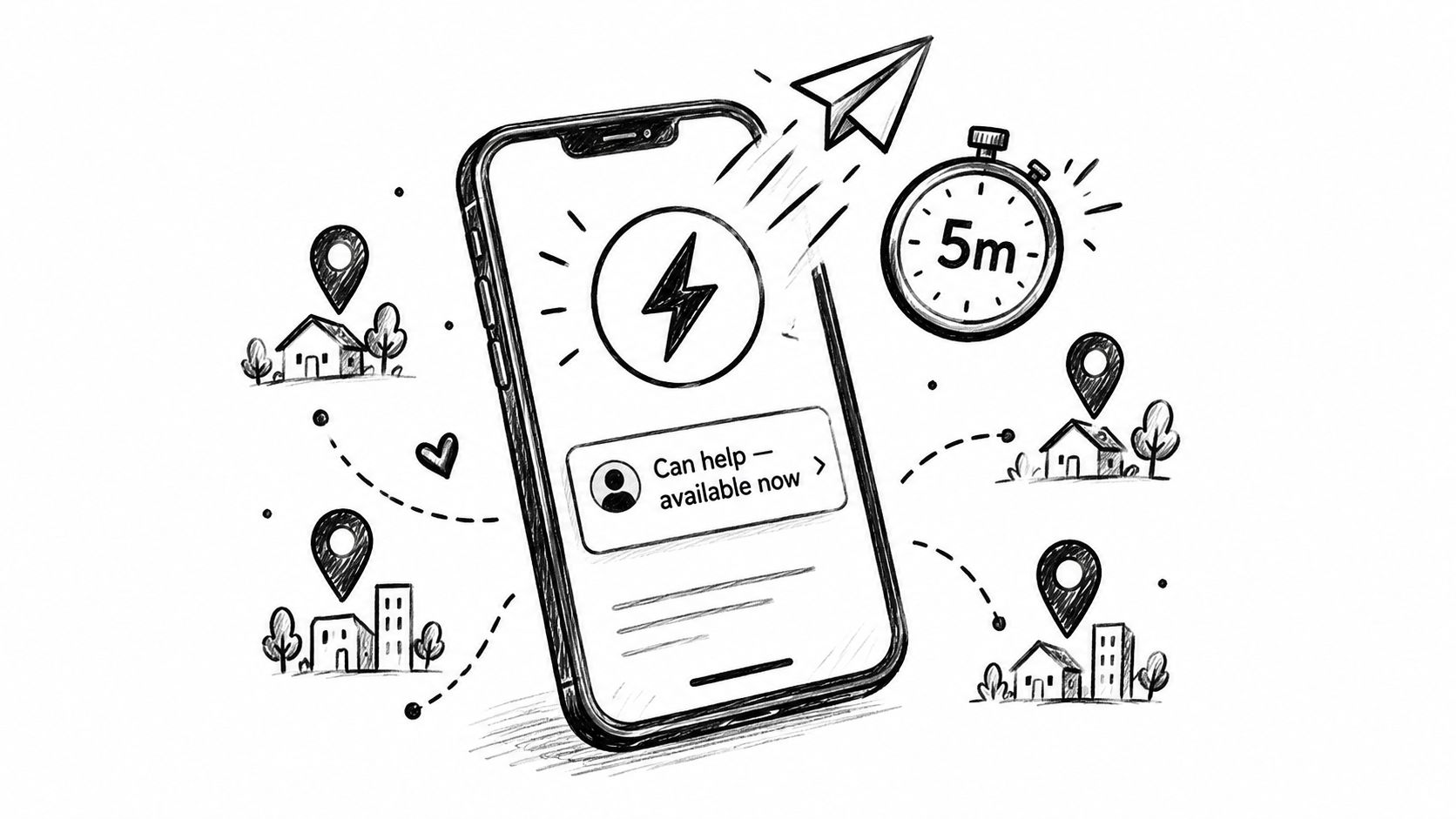 A hand-drawn illustration showing a smartphone with location pins, a timer, and a lightning bolt symbol.