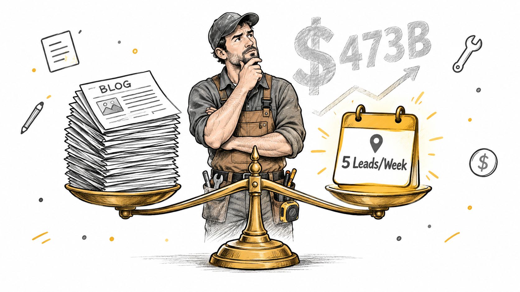 A contractor weighing the value of blogging versus generating five leads per week on a scale.