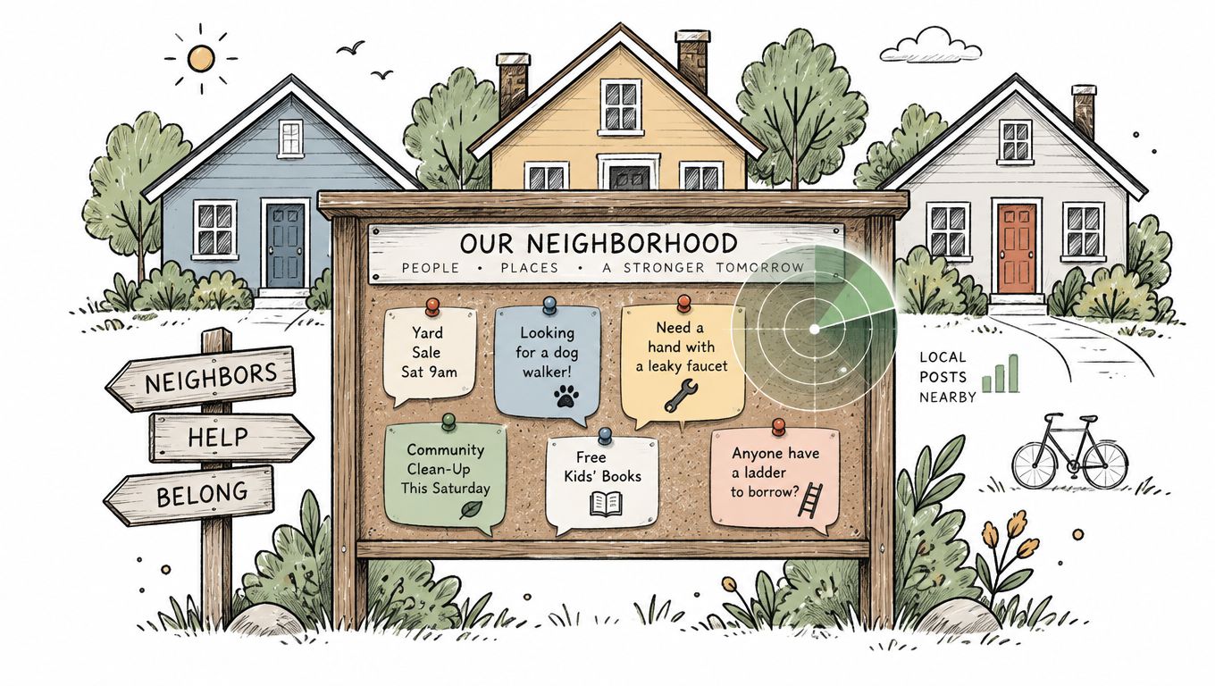 A neighborhood bulletin board displaying community notices about yard sales, pet care, help requests, and local books.