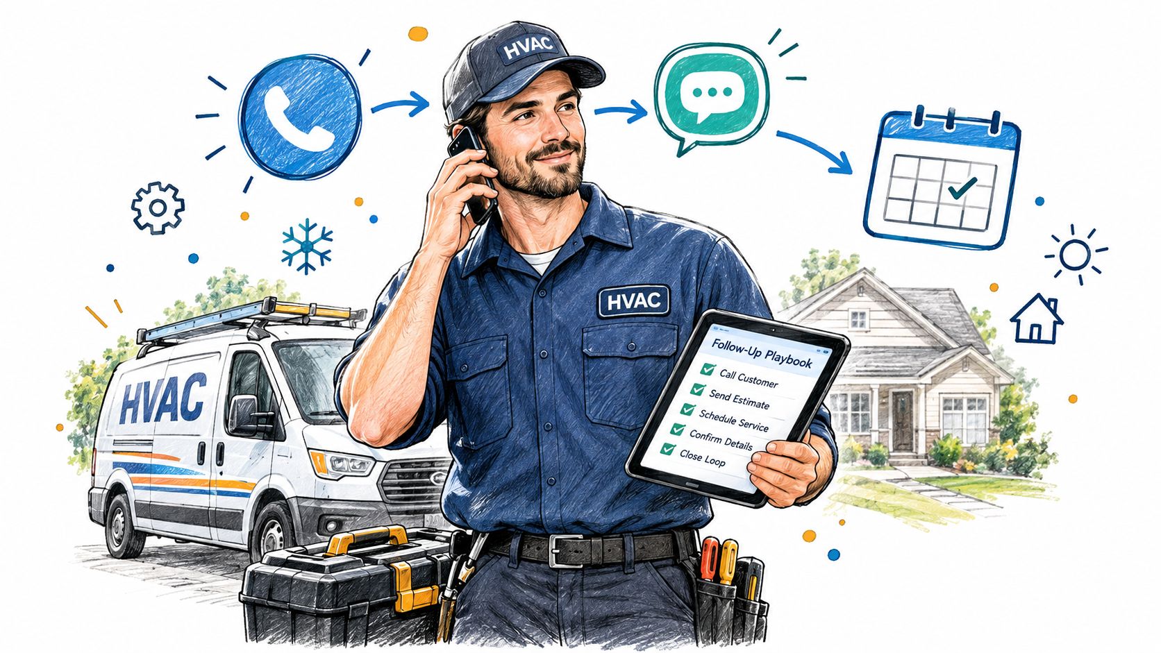 An HVAC tech on a phone call while holding a tablet with a lead follow-up checklist.
