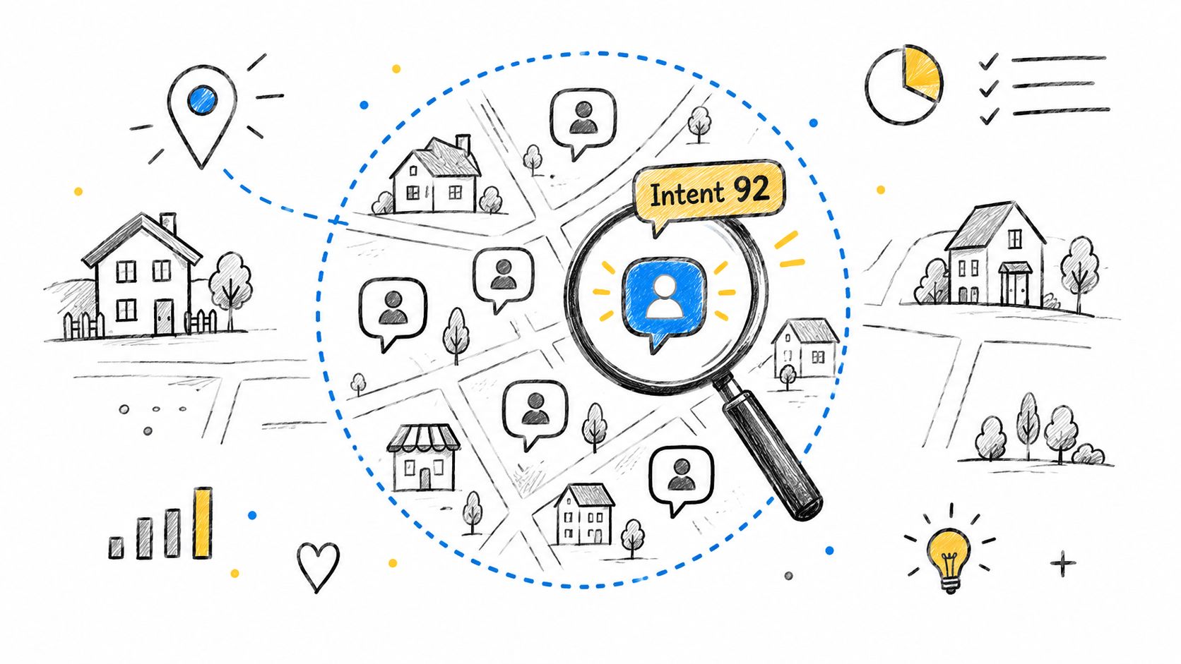 A hand-drawn illustration showing a magnifying glass over a map with houses and user profile speech bubbles.