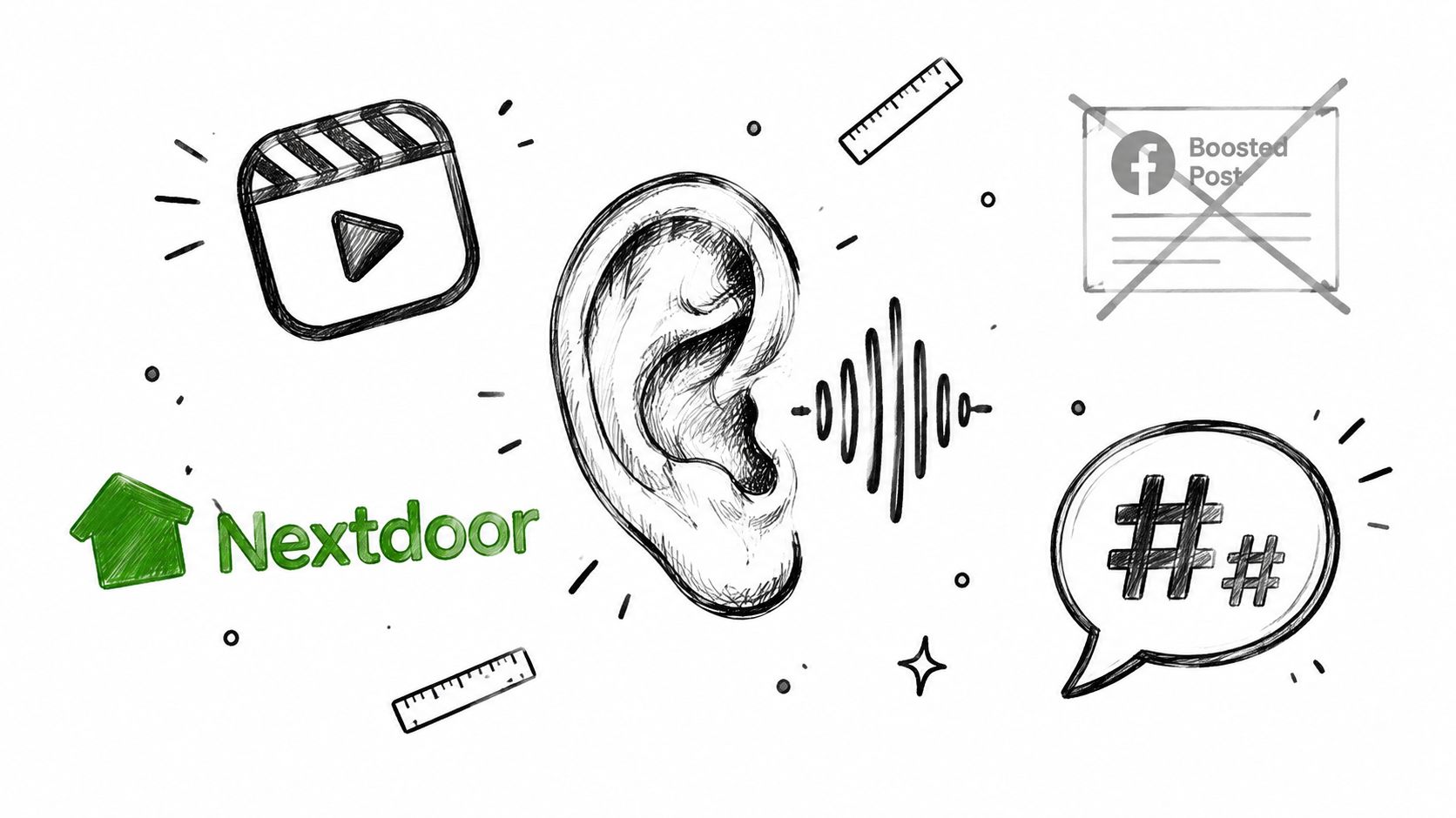 A sketched illustration representing digital marketing strategies for contractors including listening, video, and social media platforms.