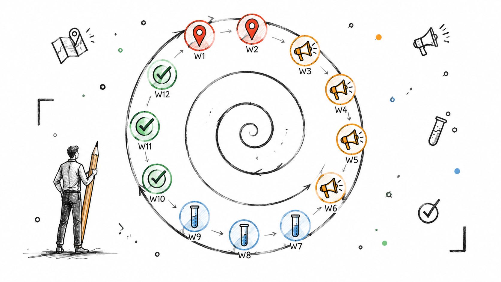 A hand-drawn illustration showing a person holding a large pencil next to a spiral timeline marked from weeks W1 to W12.