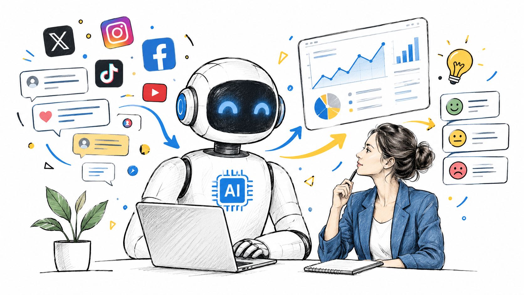 A robot analyzing social media data for a woman in an office setting with digital charts