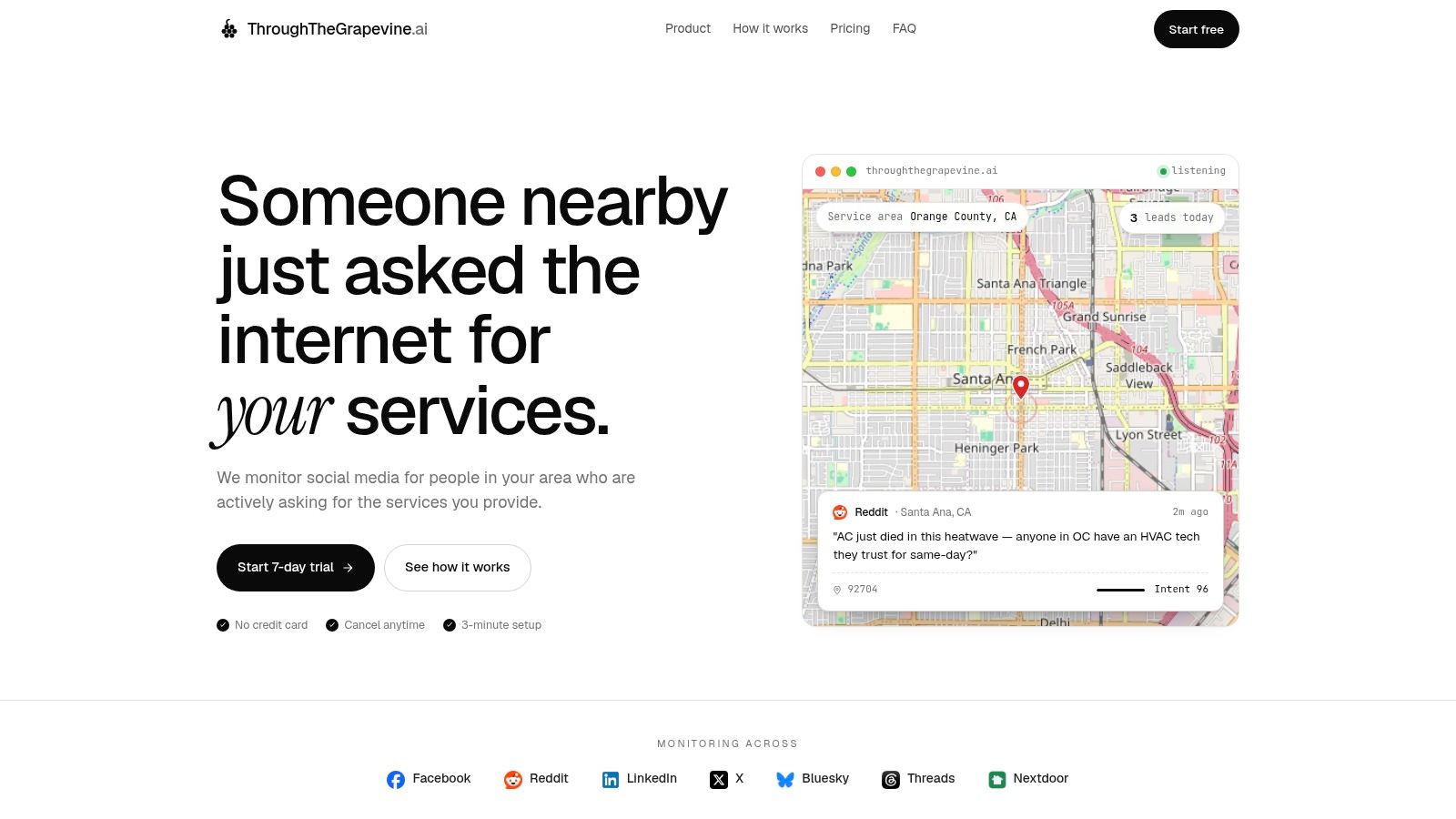 ThroughTheGrapevine.ai homepage showing local service leads with intent scores